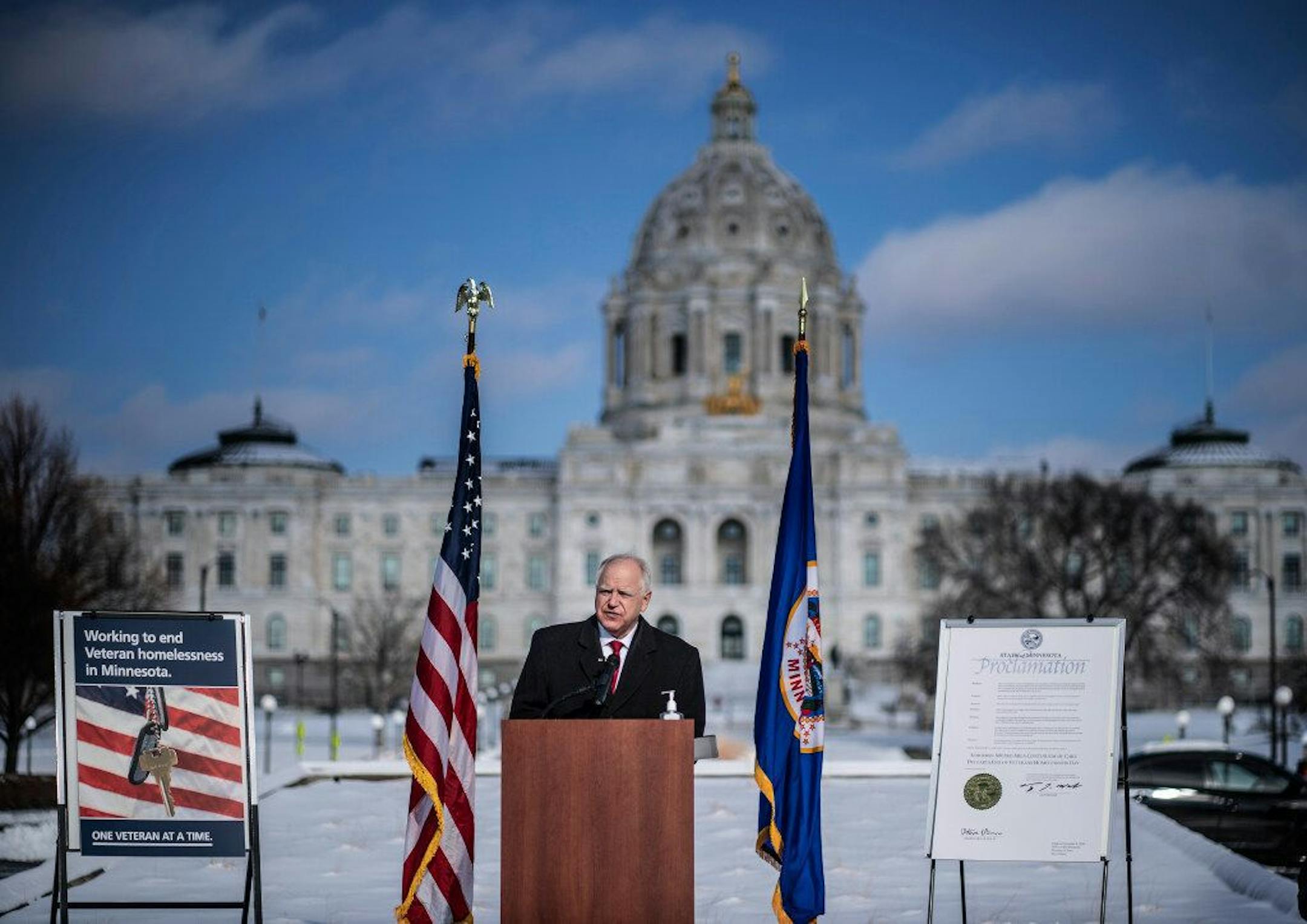 Gov. Tim Walz spoke at the Capitol on Veterans Day, Nov. 11, about the problem of homelessness for veterans in Minnesota.
