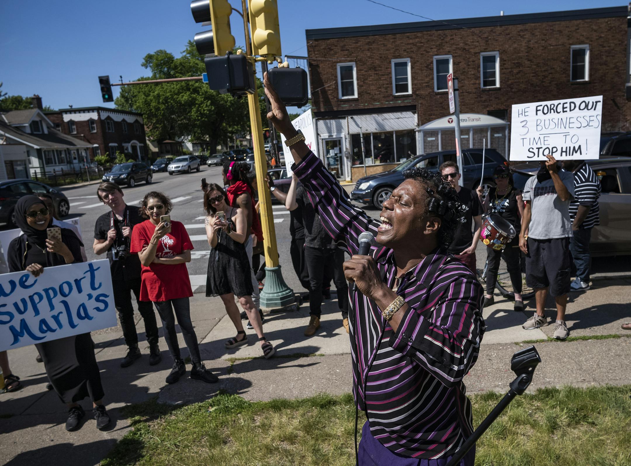 Several dozen supporters including Ray "Fancy Ray" McCloney stood in a grassy area across from Marla to voice their dissatisfaction with Marla's being forced out.] Customers upset about the pending closing of Marla's, a beloved Caribbean food restaurant in south Minneapolis, are planning a protest against gentrification Thursday afternoon. They're hoping to rally in support of Marla and raise awareness of business practices that pressure small businesses out of the city's neighborhoods.RICHARD T