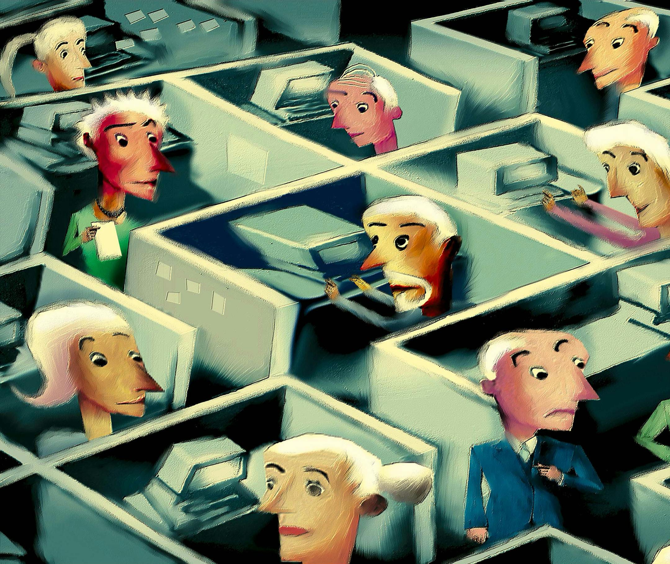 300 dpi 5 col x 7.25 in / 246x184 mm / 837x626 pixels Michael Hogue color illustration of office cubicles staffed with older workers. The Dallas Morning News 2005 With WRK-MATUREWORKERS-BIZPLUS, The Dallas Morning News by Bob Moos <p> KEYWORDS: matureworkers mature workers old older senior retirement elderly employee cubicle staff baby boomer aging workforce pension office work krtbusiness business krtnational national krtnamer north america krtusbusiness krtworkplace workplace u.s. us united st