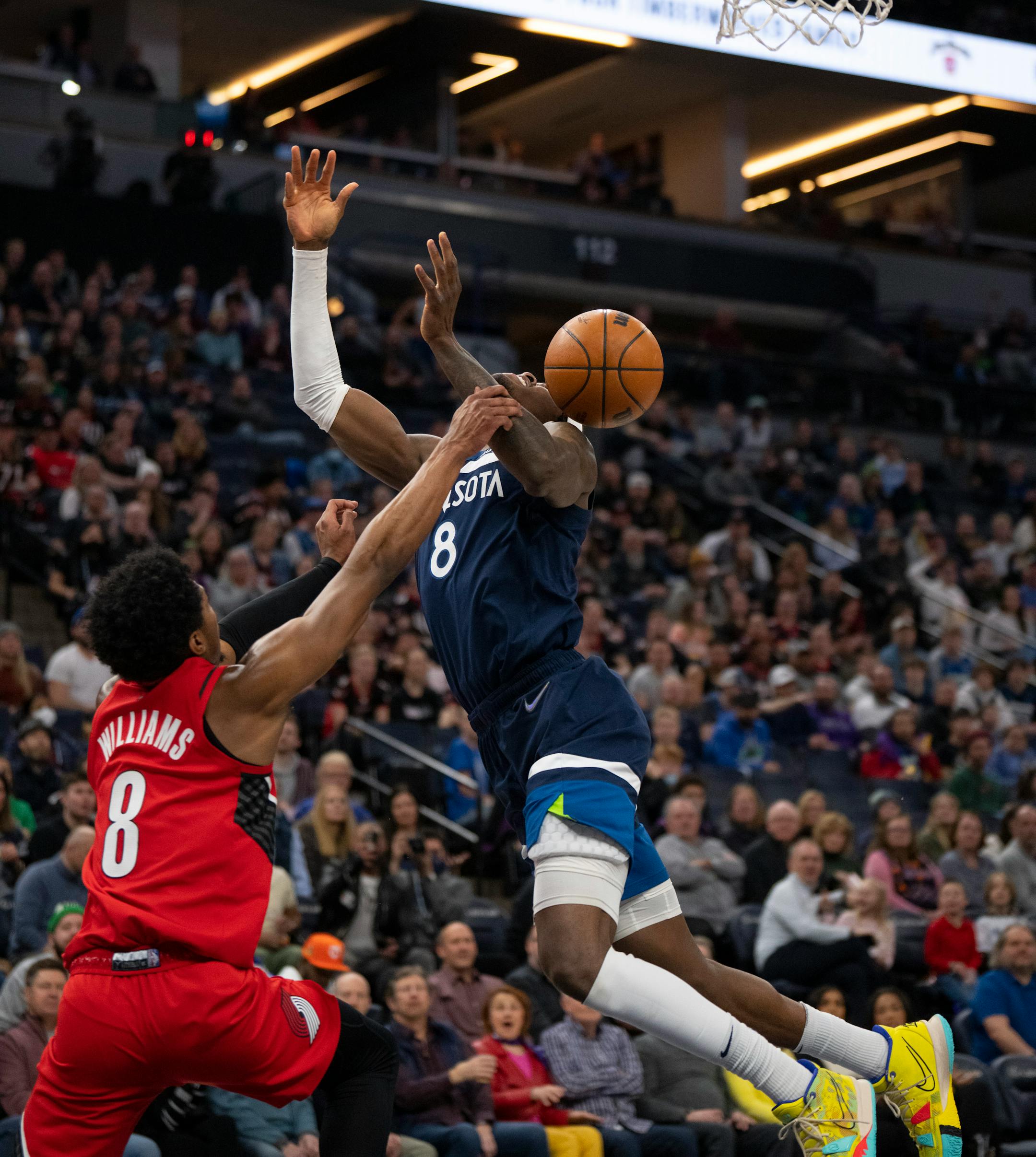Portland Trail Blazers guard Brandon Williams (8) fouled Minnesota Timberwolves forward Jarred Vanderbilt (8) in the first quarter.