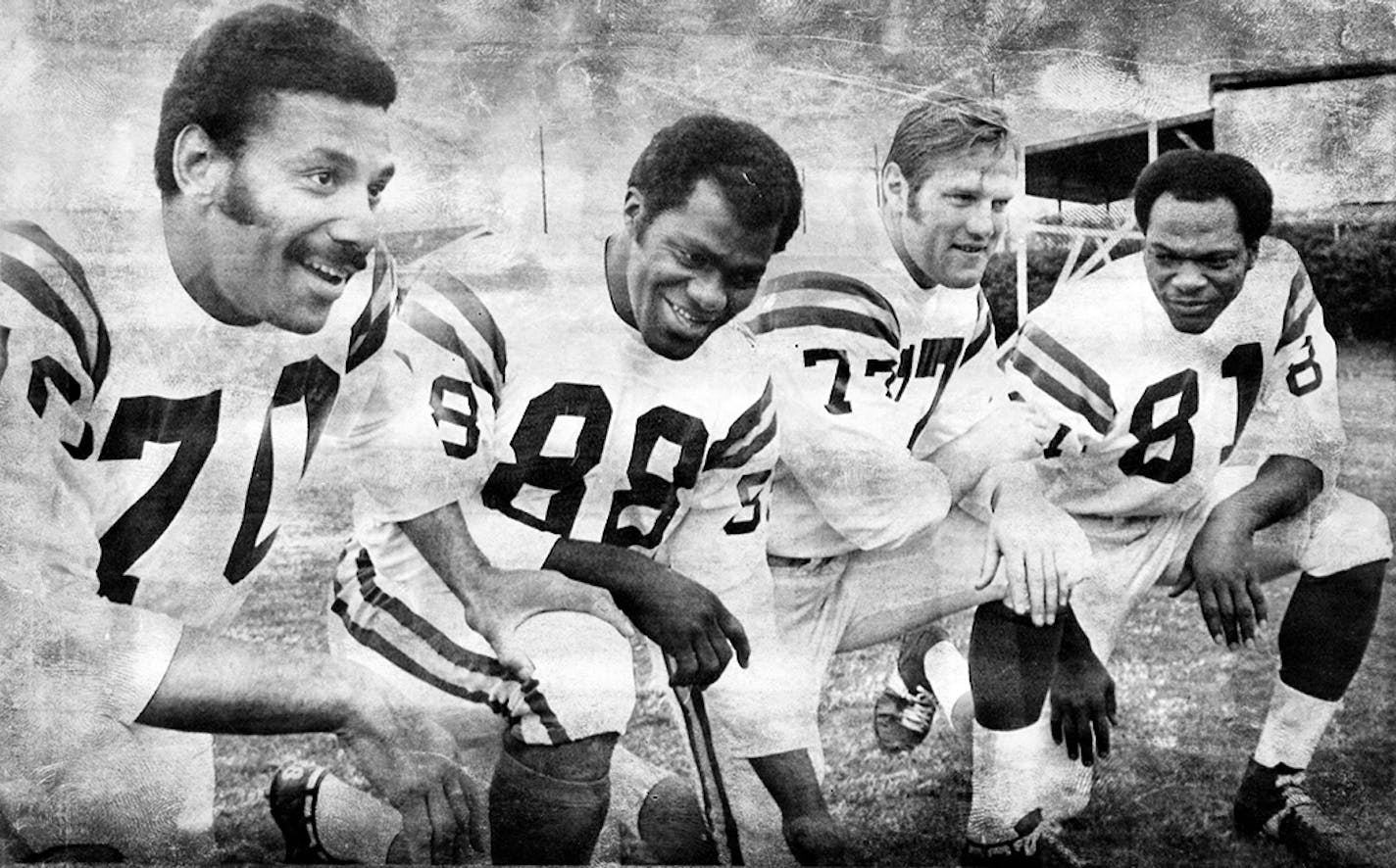 The Minnesota Vikings football team's defensive front four. L to R: Jim Marshall, Alan Page, Gary Larsen and Carl Eller. Jan. 8, 1970 prior to Super Bowl IV, Kansas City Chiefs vs. Vikings, in New Orleans. The foursome was known as the Purple People Eaters.