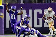 Minnesota Vikings safety Camryn Bynum (24) intercepts a pass in the final minute of the fourth quarter Monday, October 23, 2023, at U.S. Bank Stadium 