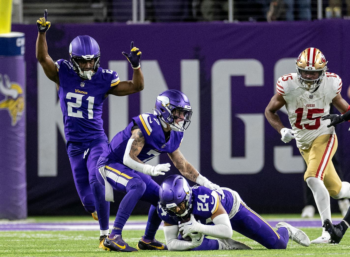 Minnesota Vikings safety Camryn Bynum (24) intercepts a pass in the final minute of the fourth quarter Monday, October 23, 2023, at U.S. Bank Stadium in Minneapolis, Minn. ] CARLOS GONZALEZ • carlos.gonzalez@startribune.com