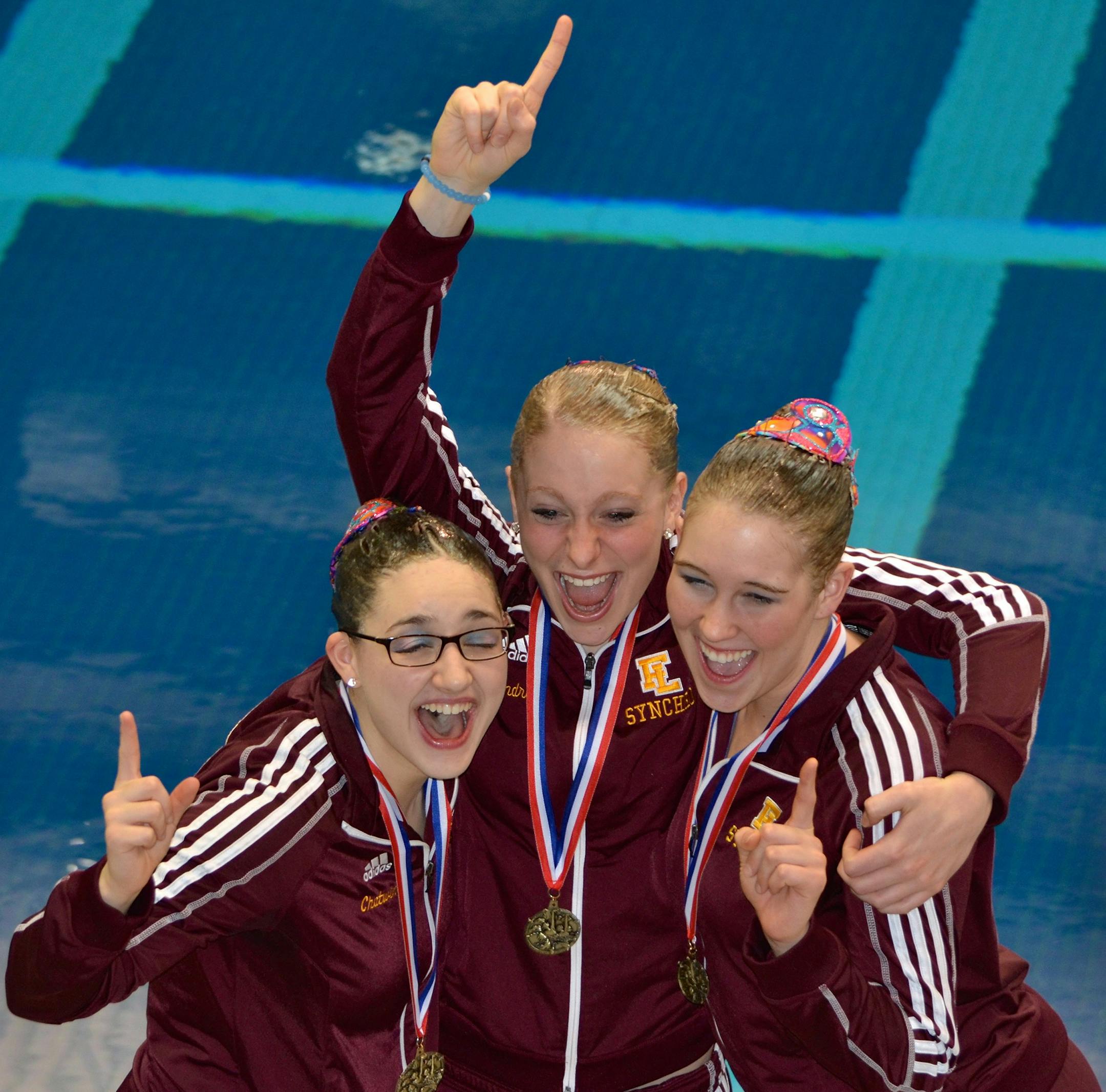 Forest Lake sychronized swimmers Rachel Chatwin (senior), Andrea Dunrud (junior), Stephanie Brenk (senior). Photo by Sarah Chatwin