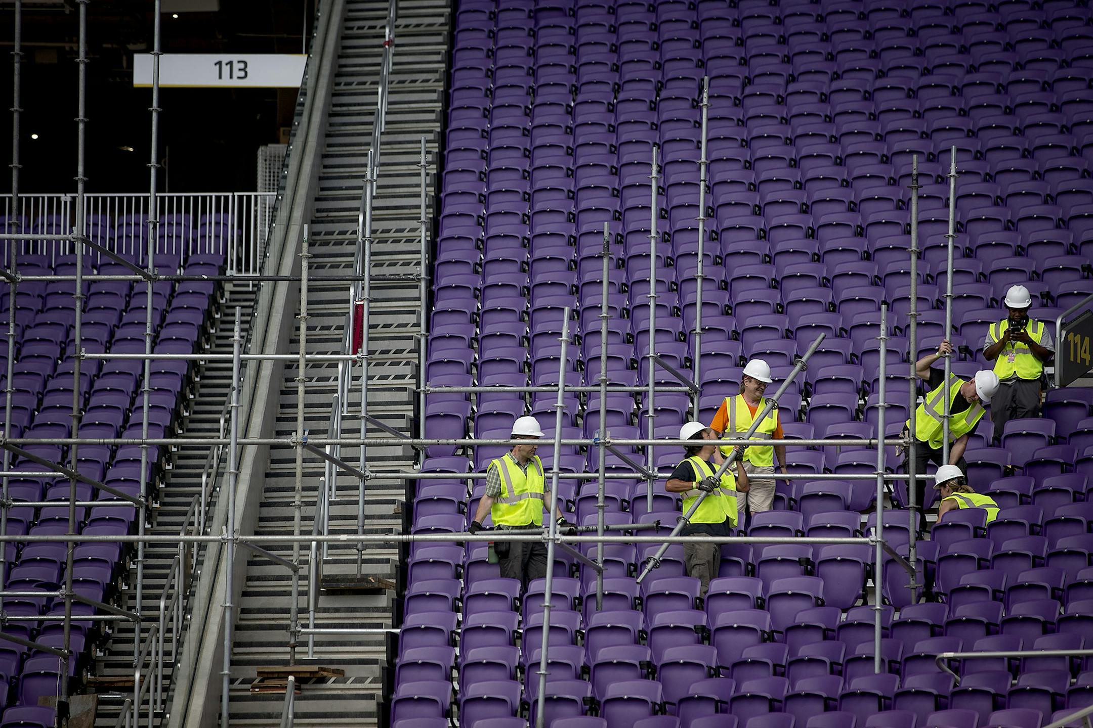 Construction crew worked on assembling different courses for the upcoming X Games that will be held in the US Bank Stadium, Friday, June 30, 2017 in Minneapolis, MN.