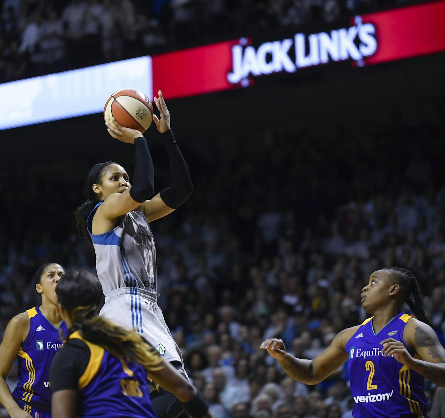 Minnesota Lynx forward Maya Moore (23) hit a key basket with under a minute left to give the Lynx a little breathing room. ] AARON LAVINSKY &#xef; aaron.lavinsky@startribune.com The Minnesota Lynx defeated the Los Angeles Sparks 85 - 76 in game 5 to win WNBA Championship Series Wednesday night, October 4, 2017 at Williams Arena in Minneapolis.