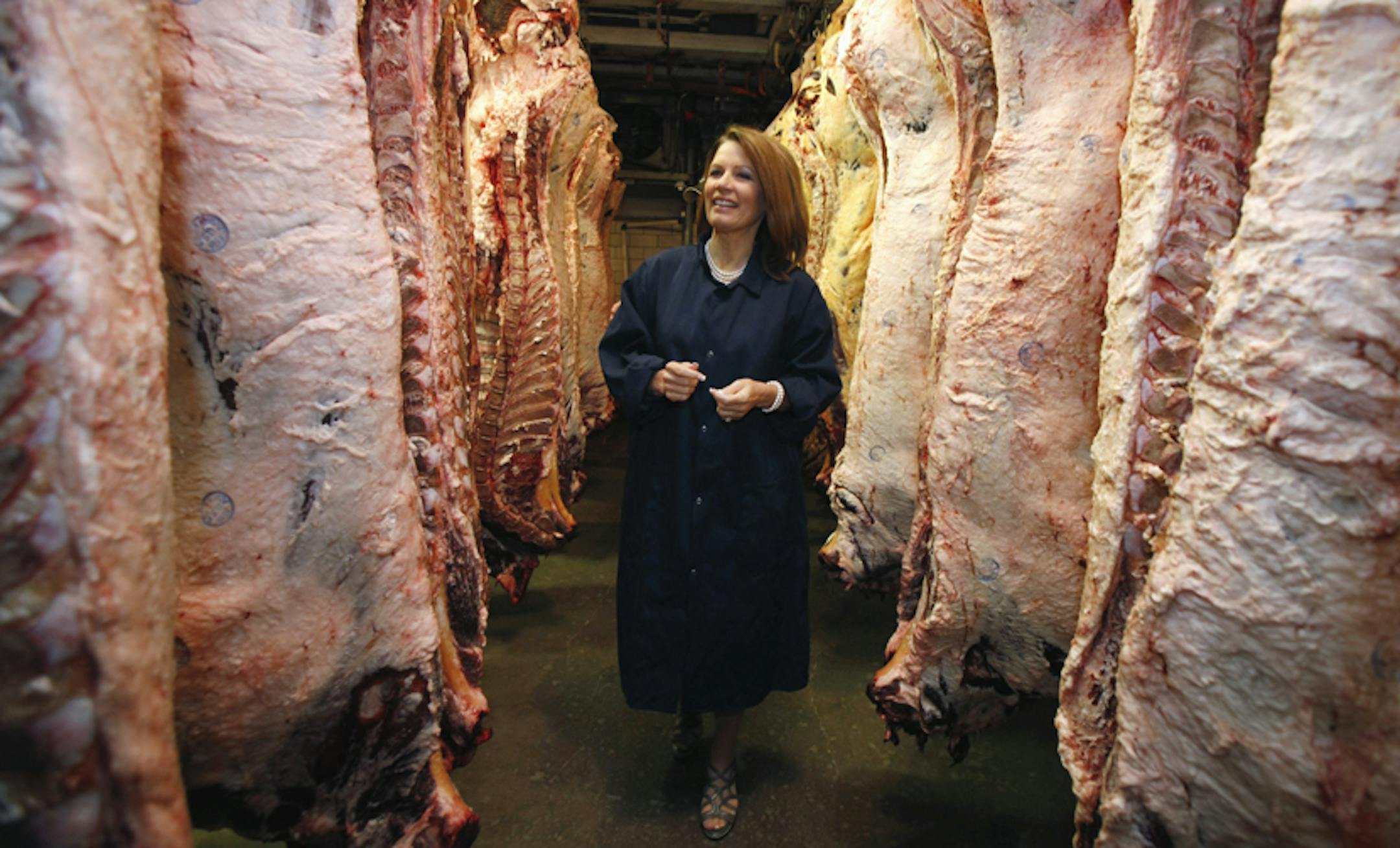 Michele Bachmann tours a meat-packing plant in Des Moines, Iowa.