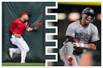 Royce Lewis (left) tears his ACL crashing into the outfield wall in 2022 and celebrates a postseason homer (right) in 2023. (Star Tribune file photos)