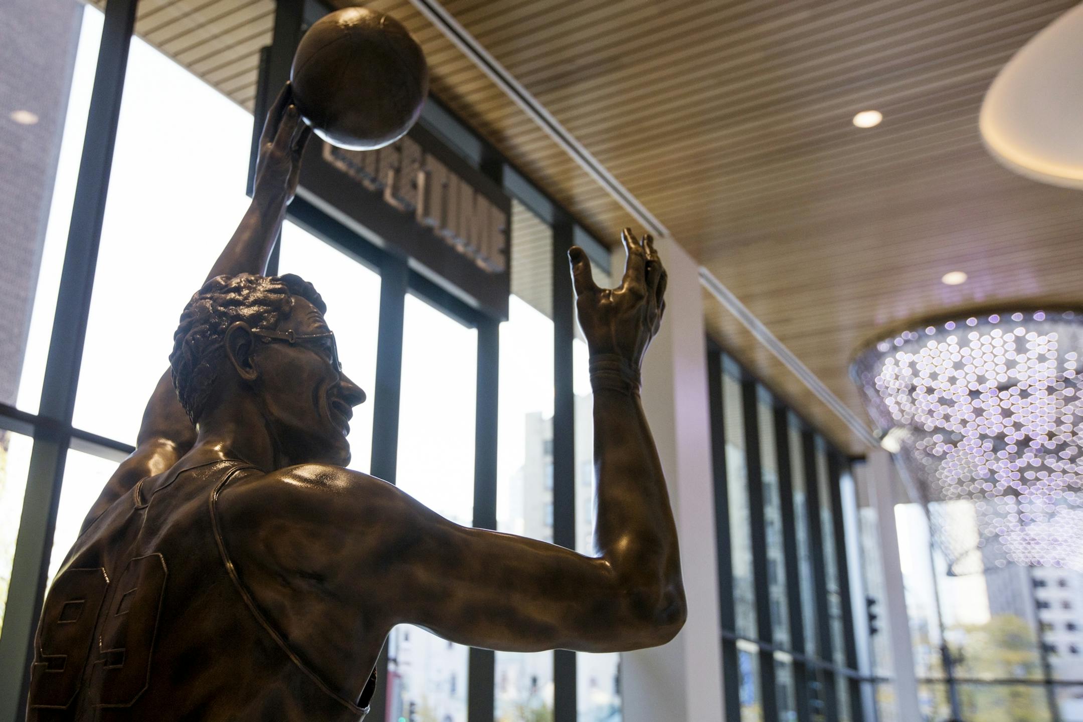 A statue of George Mikan in the lobby.