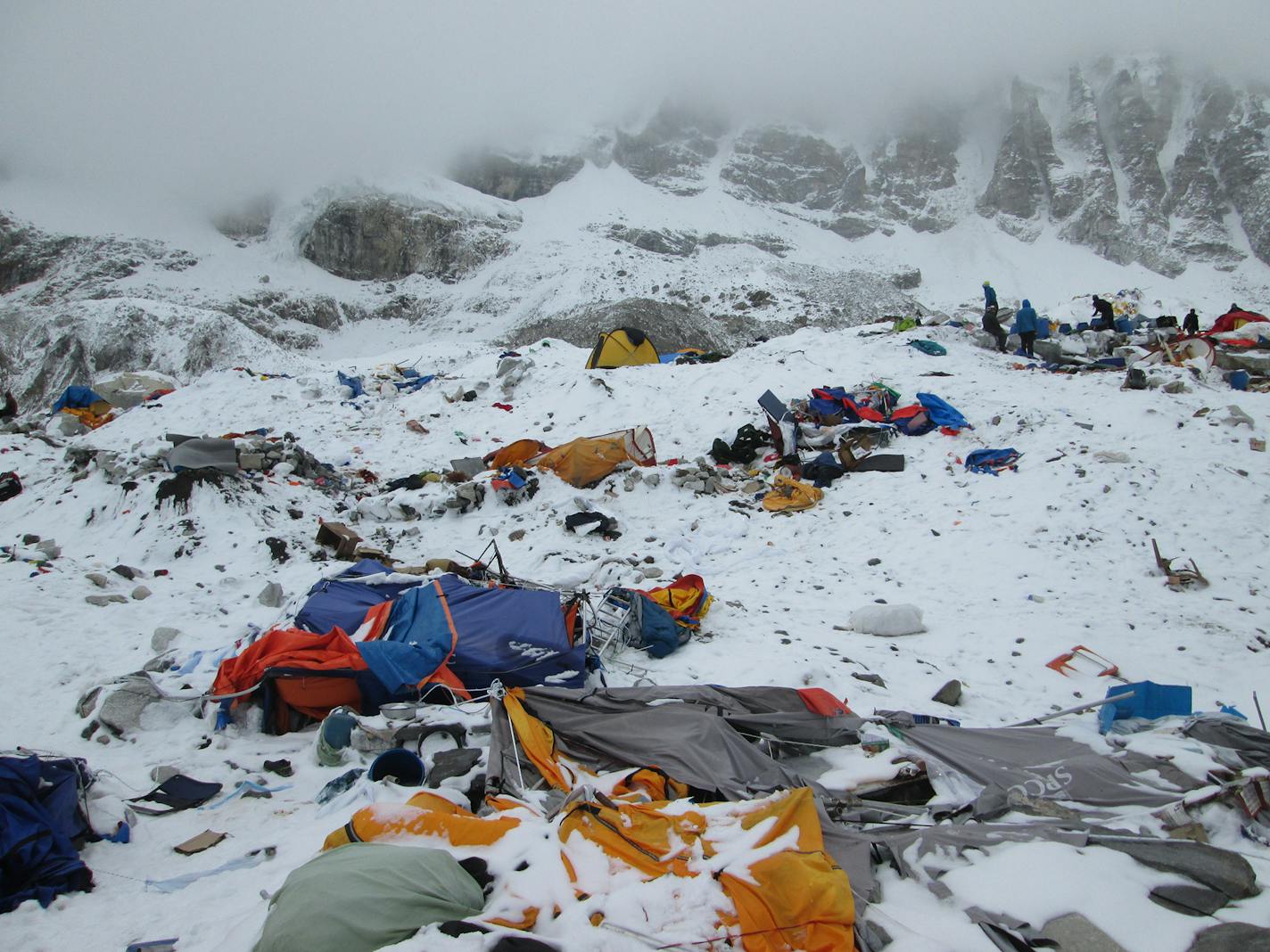 A photo of the Mount Everest basecamp, taken on April 26, 2015, the day after a 7.8 earthquake struck Nepal and surrounding countries. Shaking from the quake triggered an avalanche from Pumori into the basecamp on Mount Everest. At least twenty-two people were killed, surpassing an avalanche that occurred the previous year as the deadliest disaster on the mountain.