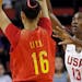 Sylvia Fowles (13) defends against China's Yueru Li during the first half of an exhibition basketball game Thursday, April 26, 2018, in Seattle. The U