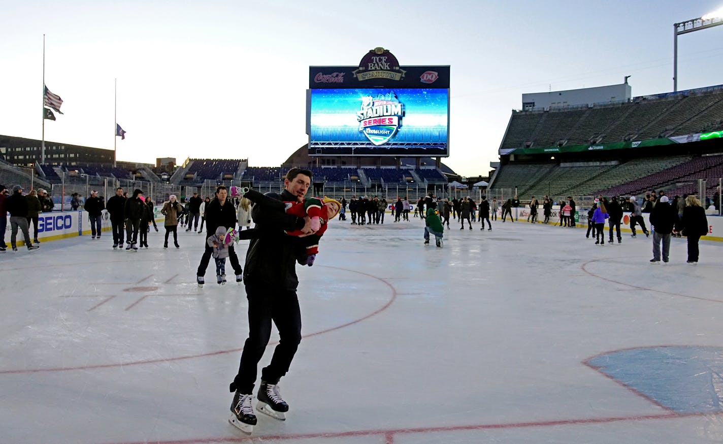 Wild employees, coaches and players were invited to skate with their families Friday night at TCF Bank Stadium. About 100 people were on the ice, which will be used for the North Stars/Wild-vs.-Blackhawks alumni game Saturday and the Wild-Blackhawks game Sunday.