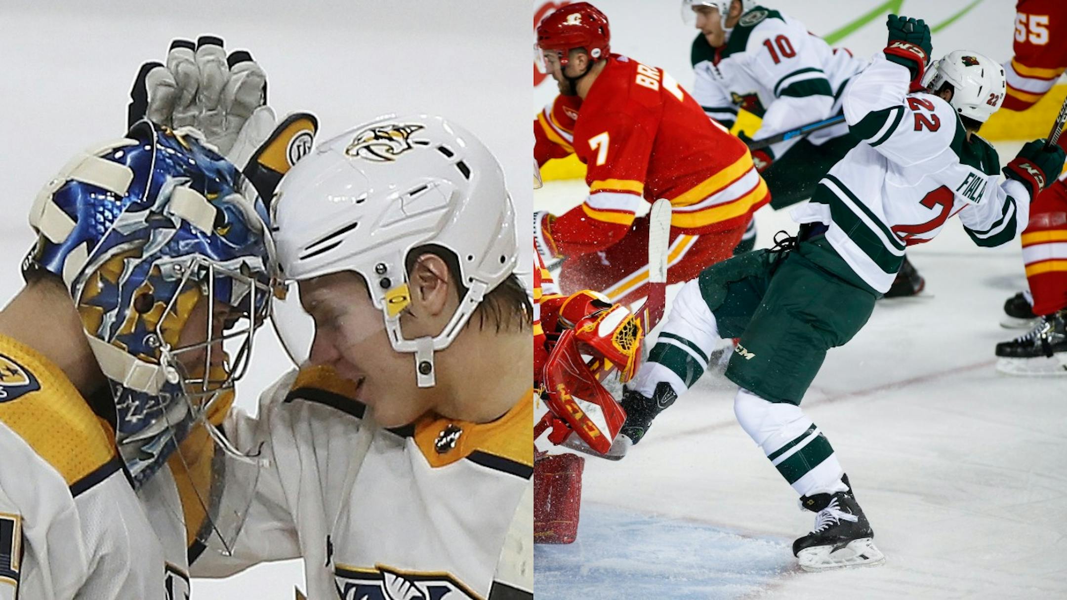 The Wild and Predators faced off for the first time since they swapped forwards last Monday, with Mikael Granlund (left, with goalie Juuse Saros) going to Nashville and Kevin Fiala (right) joining the Wild.