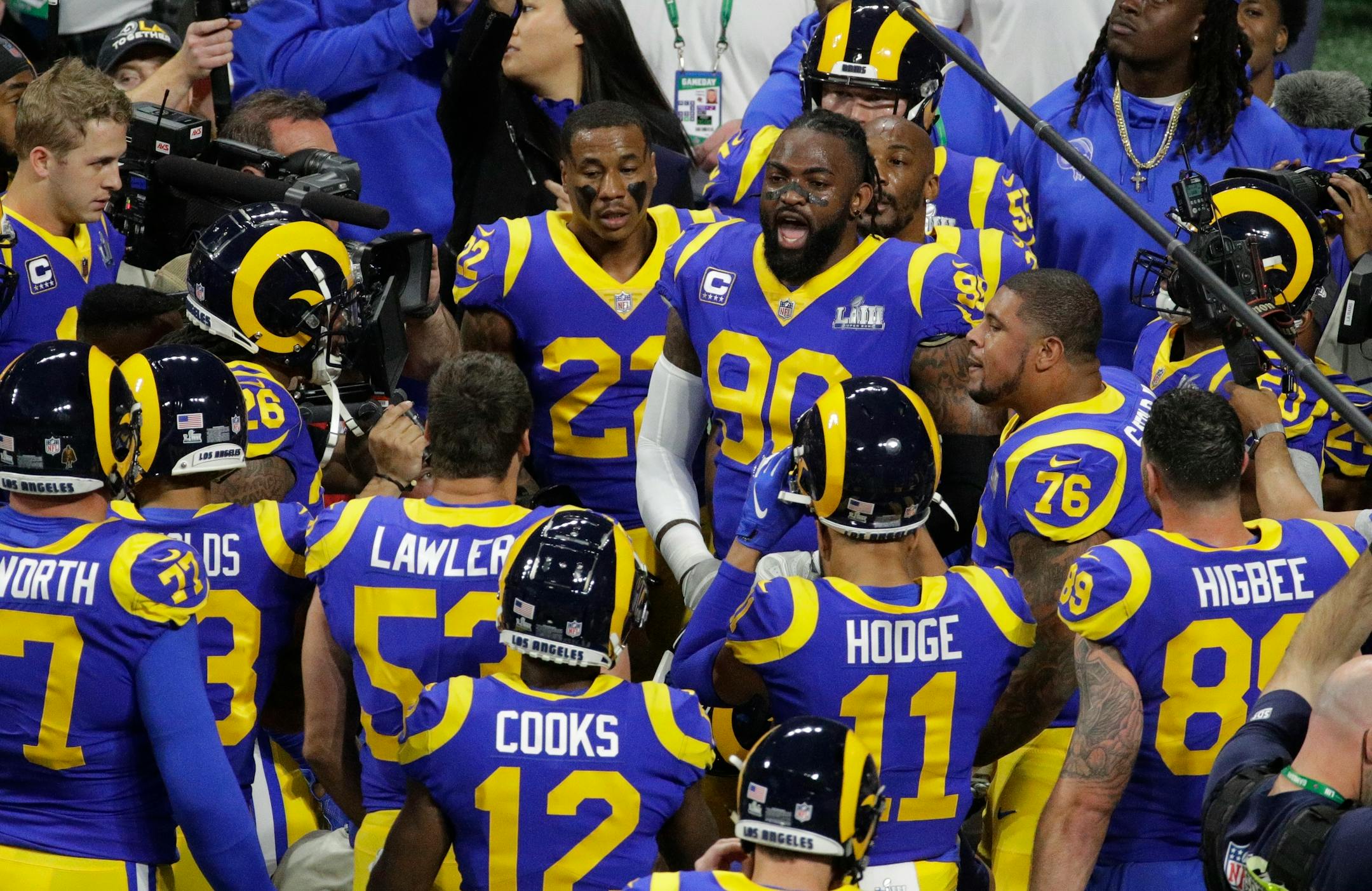 The Rams' Michael Brockers (90) rallied his teammates before Super Bowl LIII against the New England Patriots on Sunday.