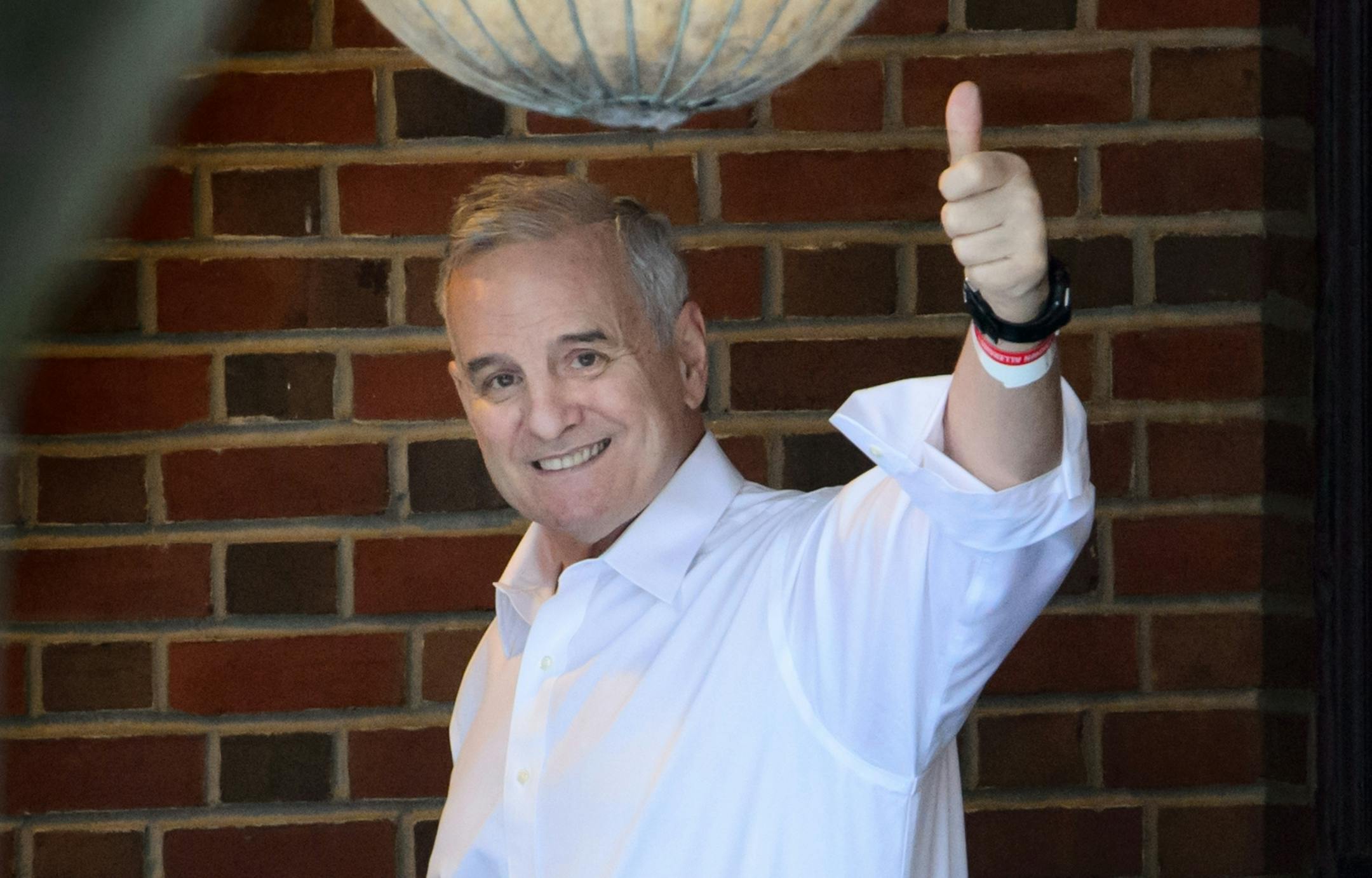Governor Mark Dayton gave the thumbs up as he entered the residence. He stayed overnight in Regions Hospital after fainting at an event in Woodbury which was attributed to dehydration.