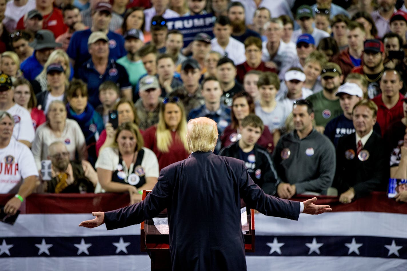 Republican presidential candidate Donald Trump speaks at a rally at Valdosta State University in Valdosta, Ga., Monday, Feb. 29, 2016. (AP Photo/Andrew Harnik)