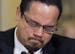 Rep. Keith Ellison, D-Minn., center, the first Muslim in Congress, becomes emotional as he testifies before the House Homeland Security Committee on t