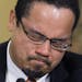 Rep. Keith Ellison, D-Minn., center, the first Muslim in Congress, becomes emotional as he testifies before the House Homeland Security Committee on t