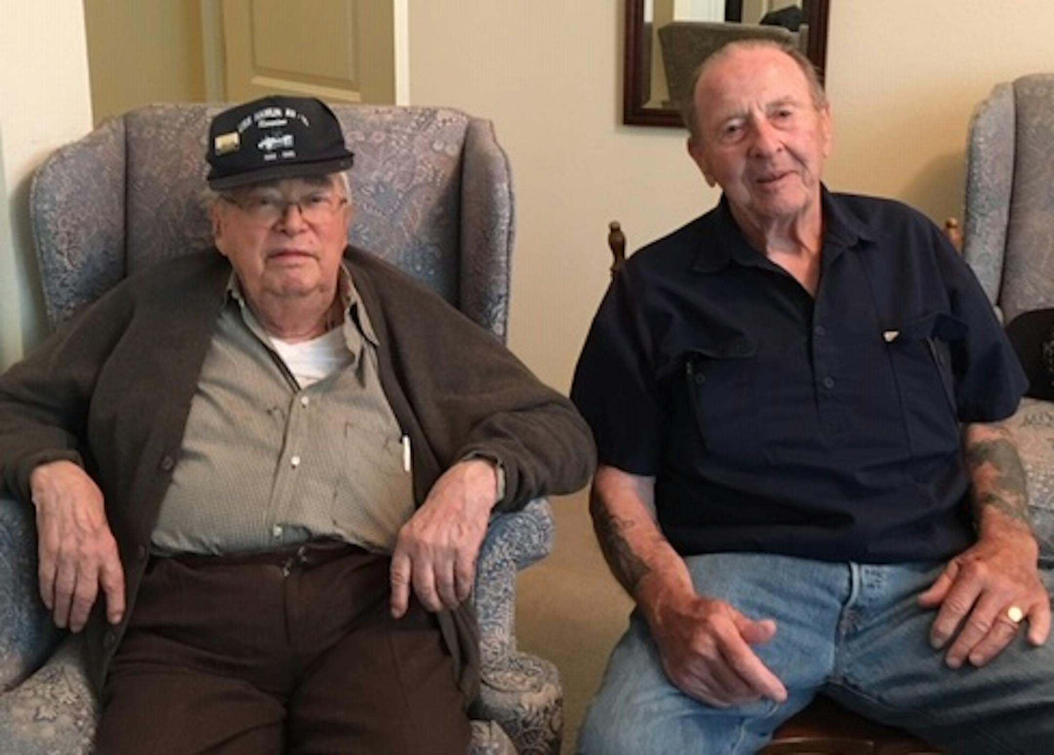 William Boosalis, on the left, and George LaRoche, on the right. As the only two remaining members of the VFW Last Man's Club in Faribault, the two made a pact to toast the end of the club. But Boosalis died four days before the annual meeting, leaving LaRoche as the last man standing.