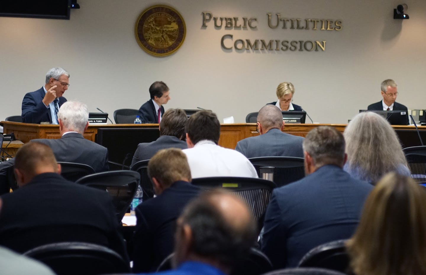 A Public Utilities Commission meeting on the proposed Enbridge pipeline in 2018 that had a full room of both advocates and opponents of the project. (Richard Tsong-Taatarii/Star Tribune)