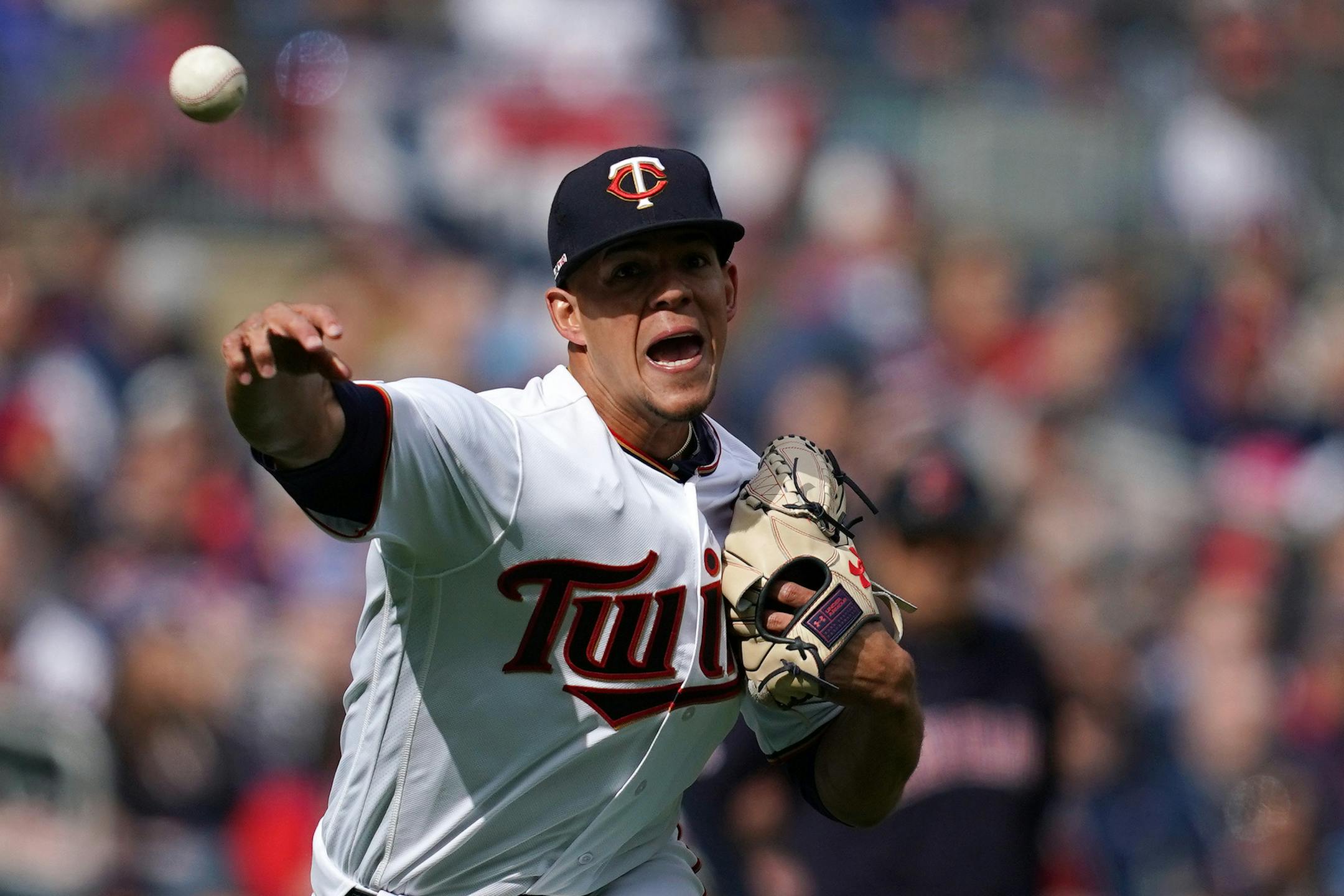 Minnesota Twins starting pitcher Jose Berrios (17) thew to first to get out Cleveland Indians second baseman Jose Ramirez (11) in the first inning Thursday. ] ANTHONY SOUFFLE • anthony.souffle@startribune.com The Minnesota Twins played the Cleveland Indians on Opening Day Thursday, March 28, 2019 at Target Field in Minneapolis.