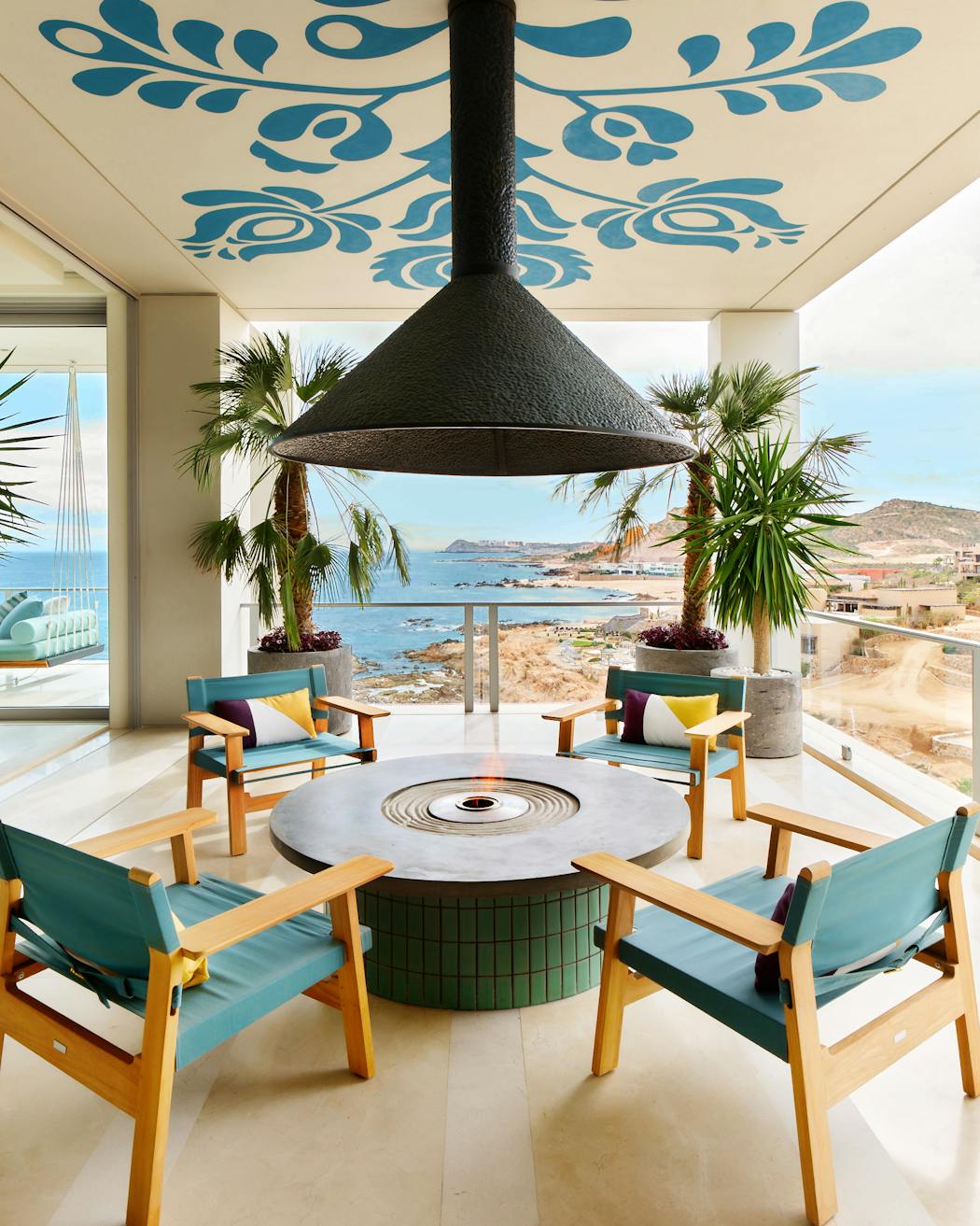 An outdoor living area designed by Martyn Lawrence Bullard in Los Cabos, Mexico. 