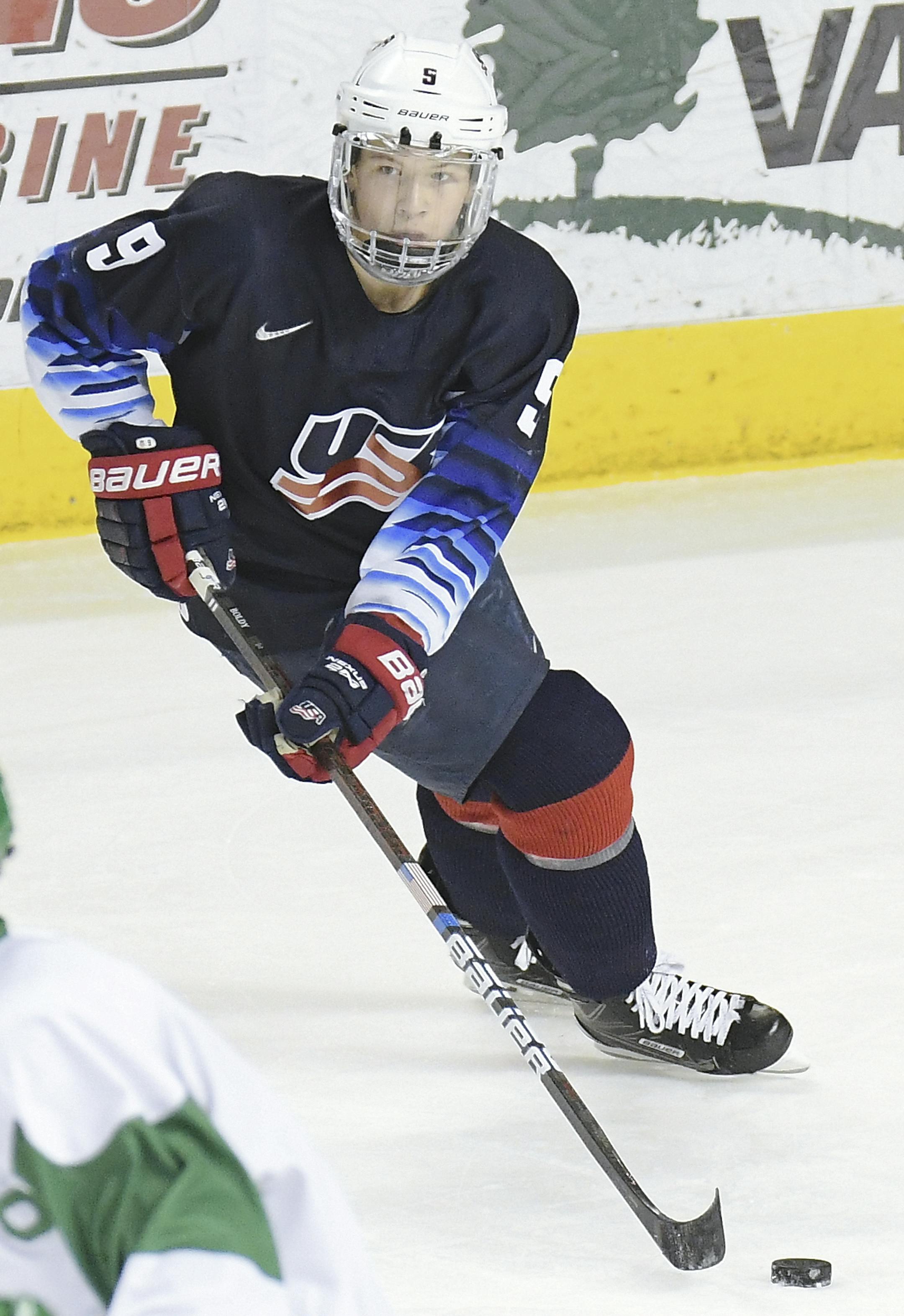 December 29, 2018 US National Under 18 team forward Matthew Boldy (9) skates with the puck during a exhibition men's college hockey game between the U.S. National Under-18 team and the University of North Dakota Fighting Hawks at Ralph Engelstad Arena in Grand Forks, ND. UND won 6-2. Photo by Russell Hons/CSM(Credit Image: &copy; Russell Hons/CSM via ZUMA Wire) (Cal Sport Media via AP Images) ORG XMIT: CSMAP
