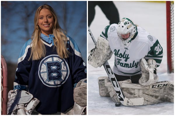 Hailey Hansen (left) of Blaine and Sedona Blair of Holy Family are goaltenders positioned to make differences this season in their sections.