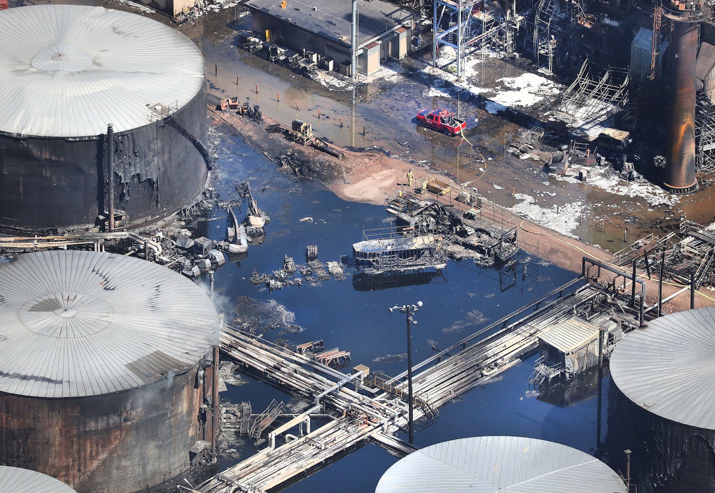 The Husky Energy oil refinery in Superior, Wis., suffered major damage during a fire and explosions on April 26, 2018. Shown is the aftermath. (Bob King/rking@duluthnews.com)