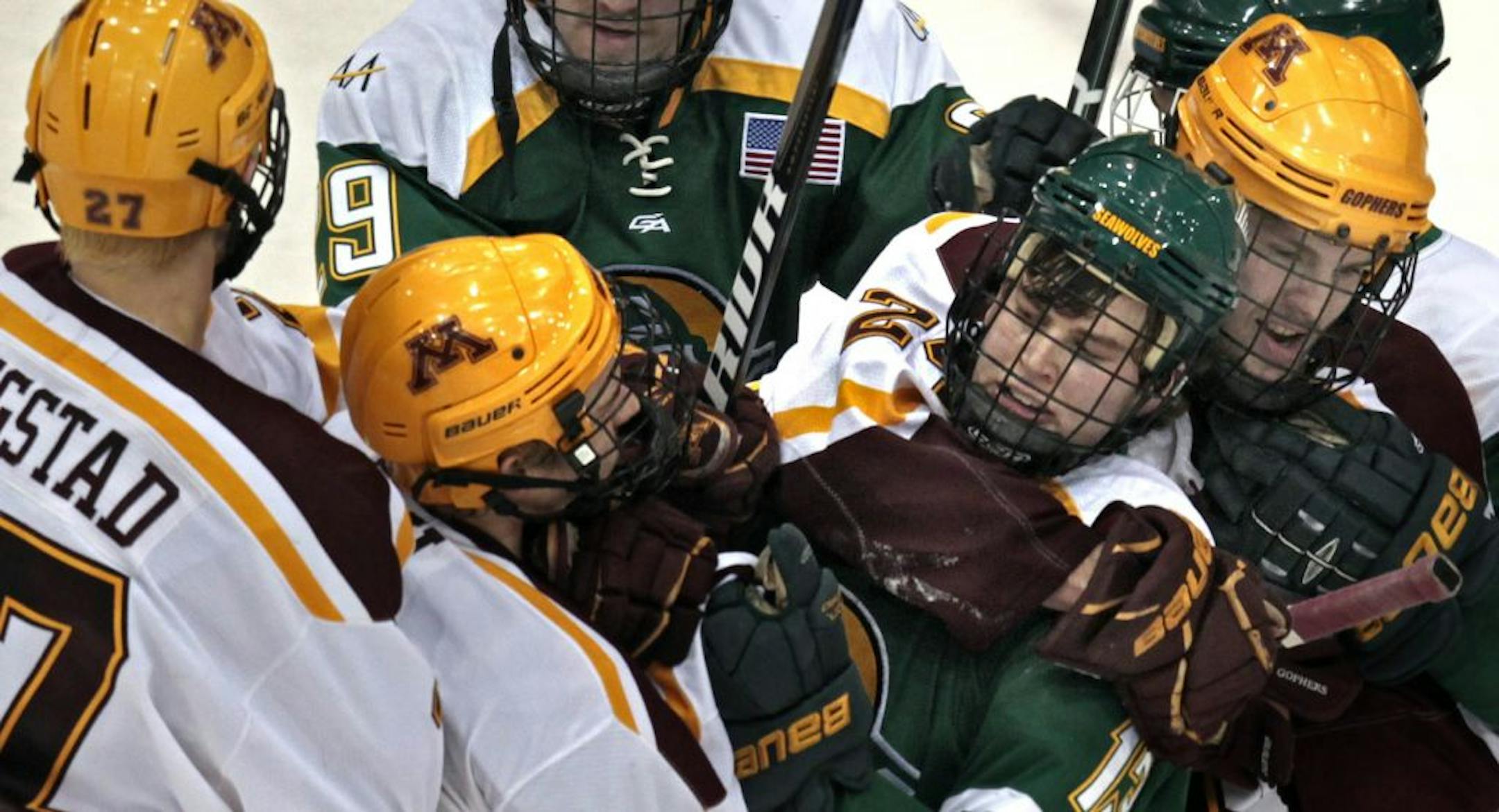 Minnesota's Zach Budish (right) mixed things up with Alaska's Quinn Sproule in the second period in front of the Alaska net.