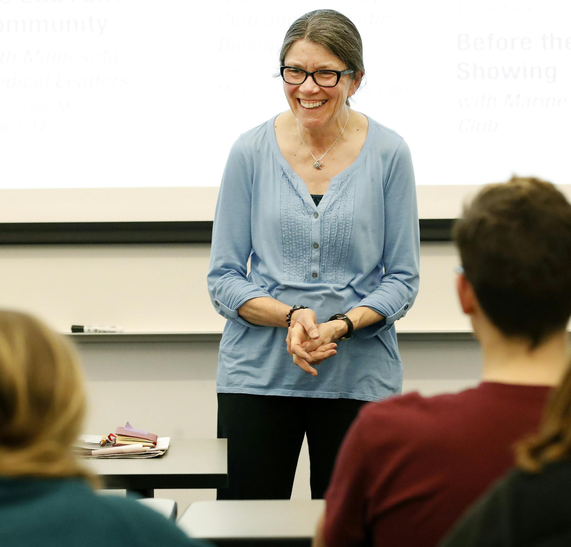 Biology professor Sue Wick spoke to students during a class at the U.