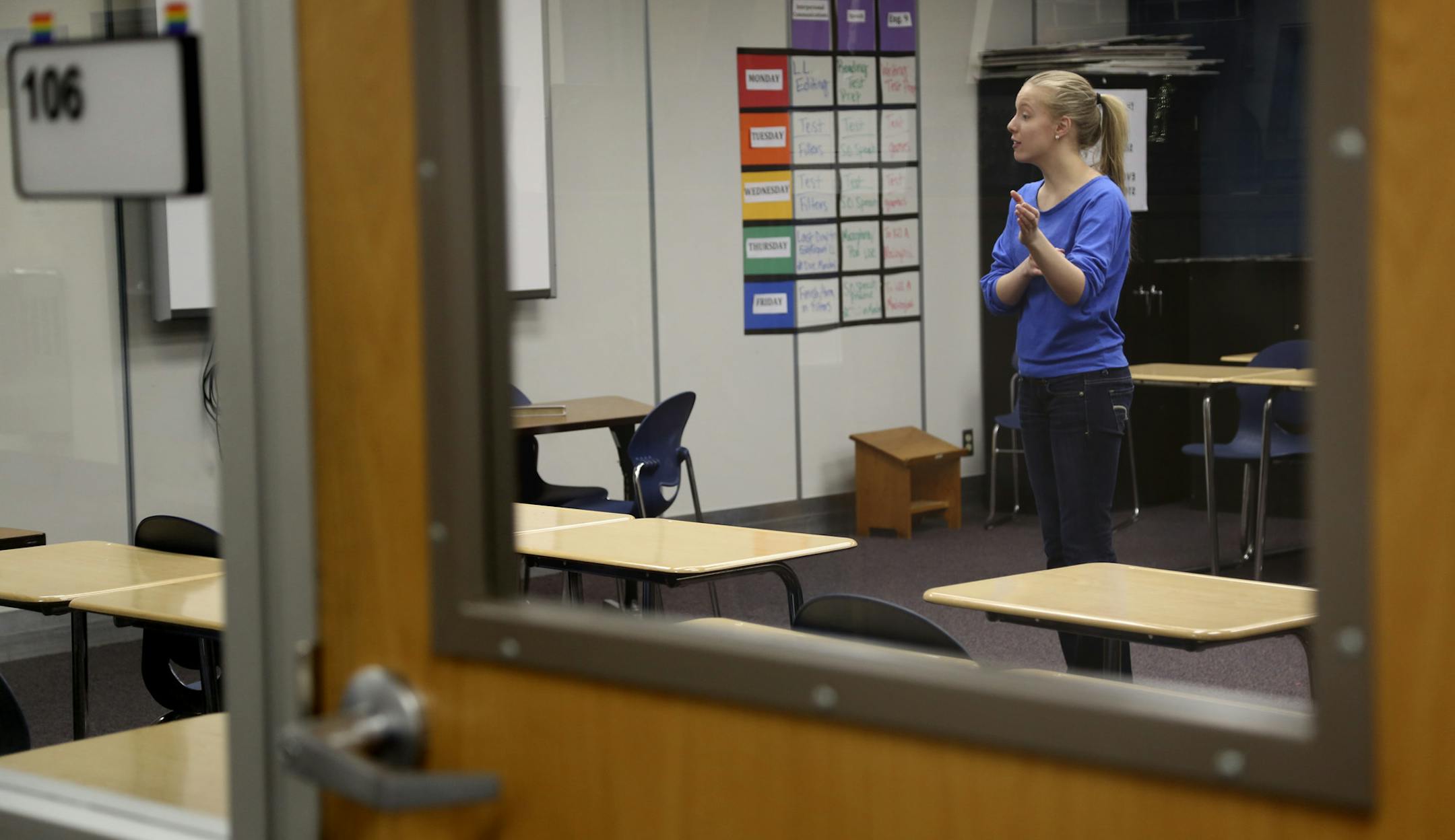 Senior Kelly Fix delivered her speech as she warmed up during practice for the state tournament in the speech and debate are of the Apple Valley High School inApple Valley, Min., Tuesday, April 16, 2013. ] (KYNDELL HARKNESS/STAR TRIBUNE) kyndell.harkness@startribune.com
