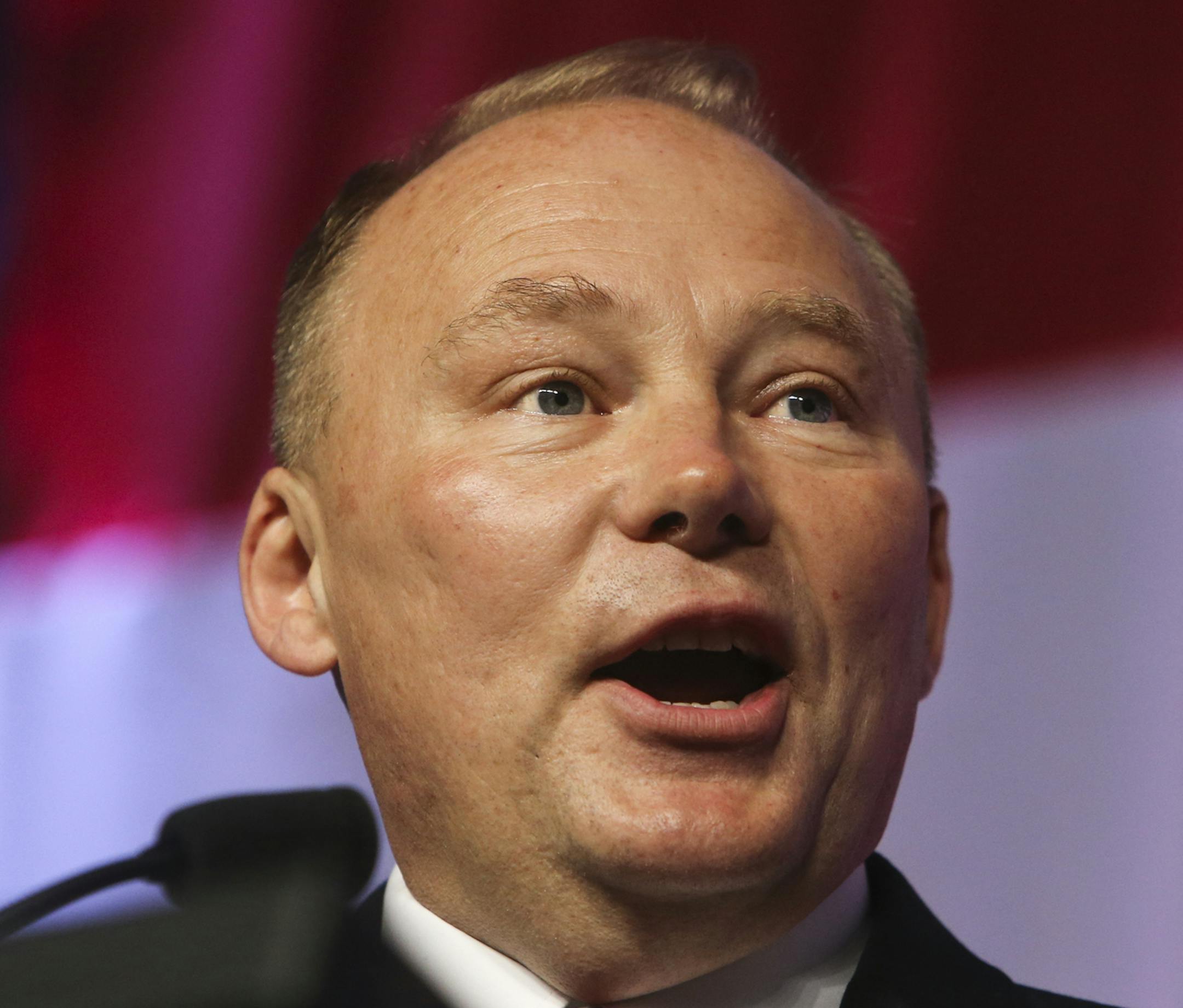 Republican Senate candidate Chris Dahlberg took to the stage to speak to delegates at the Minnesota Republican Party Convention at the Rochester Civic Center Friday, May 30, 2014. Dahlberg was the first ballot vote leader.](DAVIDJOLES/STARTRIBUNE) djoles@startribune.com Minnesota Republican Party Convention at the Rochester Civic Center Friday, May 30, 2014