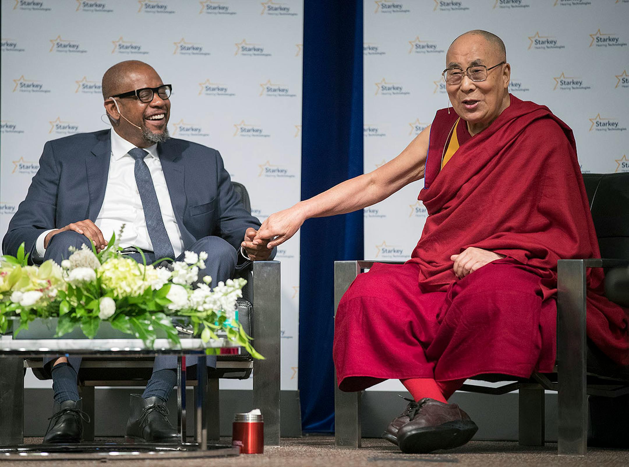 Actor Forest Whitaker and the Dalai Lama participated in a panel discussion at Starkey Hearing Technologies, Friday, June 23, 2017 in Eden Prairie, MN.