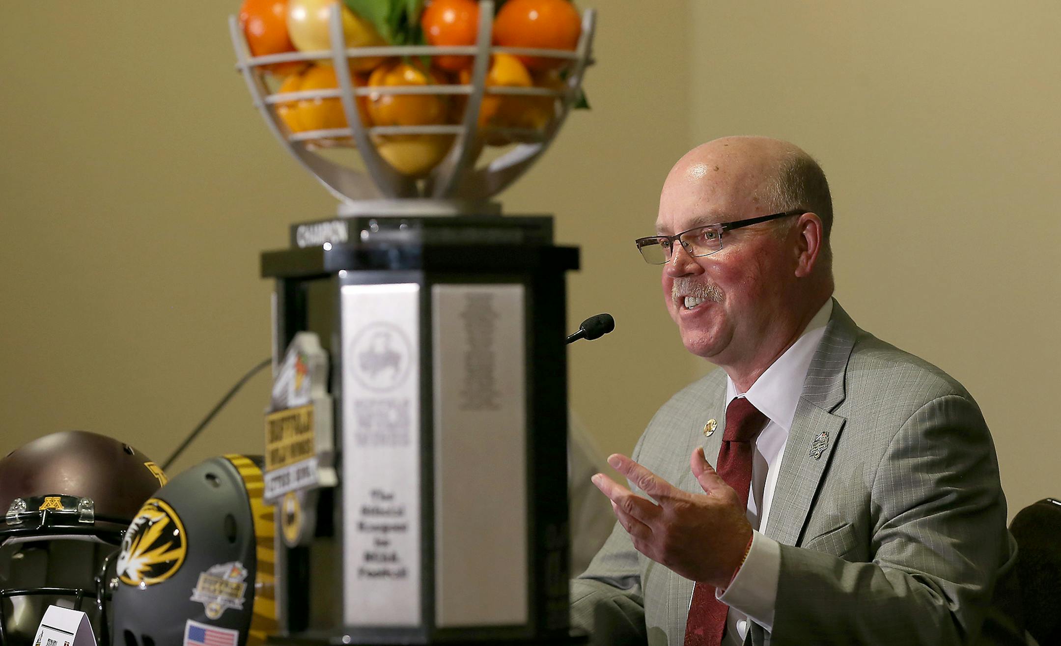 The Citrus Bowl trophy loomed before Minnesota's head coach Jerry Kill as he addressed the media during a press conference at the Hyatt Regency Hotel, Wednesday, December 31, 2014 in Orlando, FL. ] (ELIZABETH FLORES/STAR TRIBUNE) ELIZABETH FLORES • eflores@startribune.com