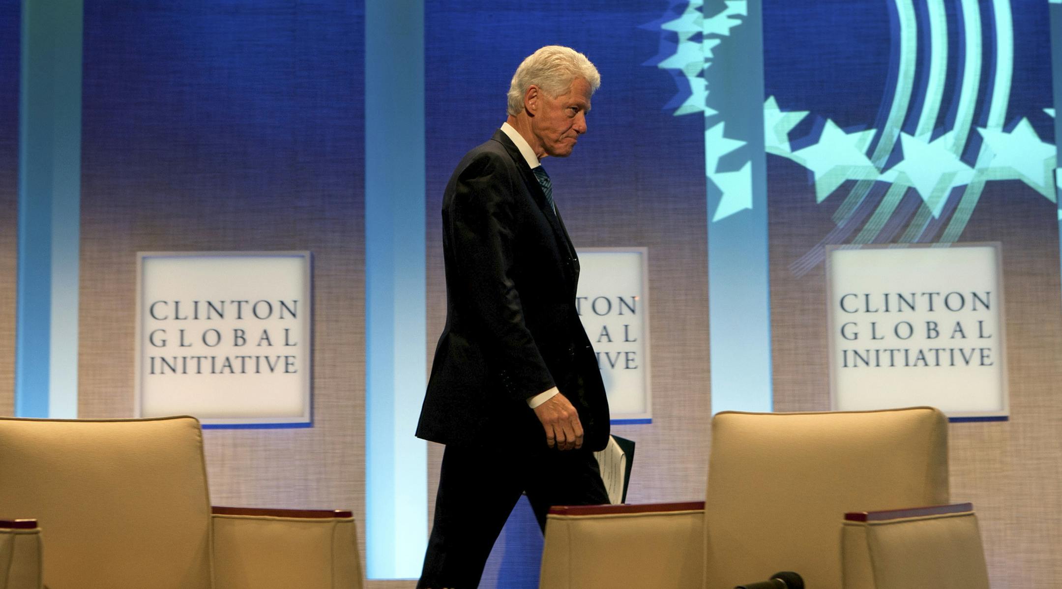 FILE ó Former President Bill Clinton walks on stage at a Clinton Global Initiative event in New York, Sept. 23, 2010. For years the Bill, Hillary and Chelsea Clinton Foundation thrived largely on foreign donors who gave hundreds of millions of dollars to the global charity. But now, as Hillary seeks the White House, the funding has become an Achilles' heel for her campaign and potentially her administration as well.(Doug Mills/The New York Times)