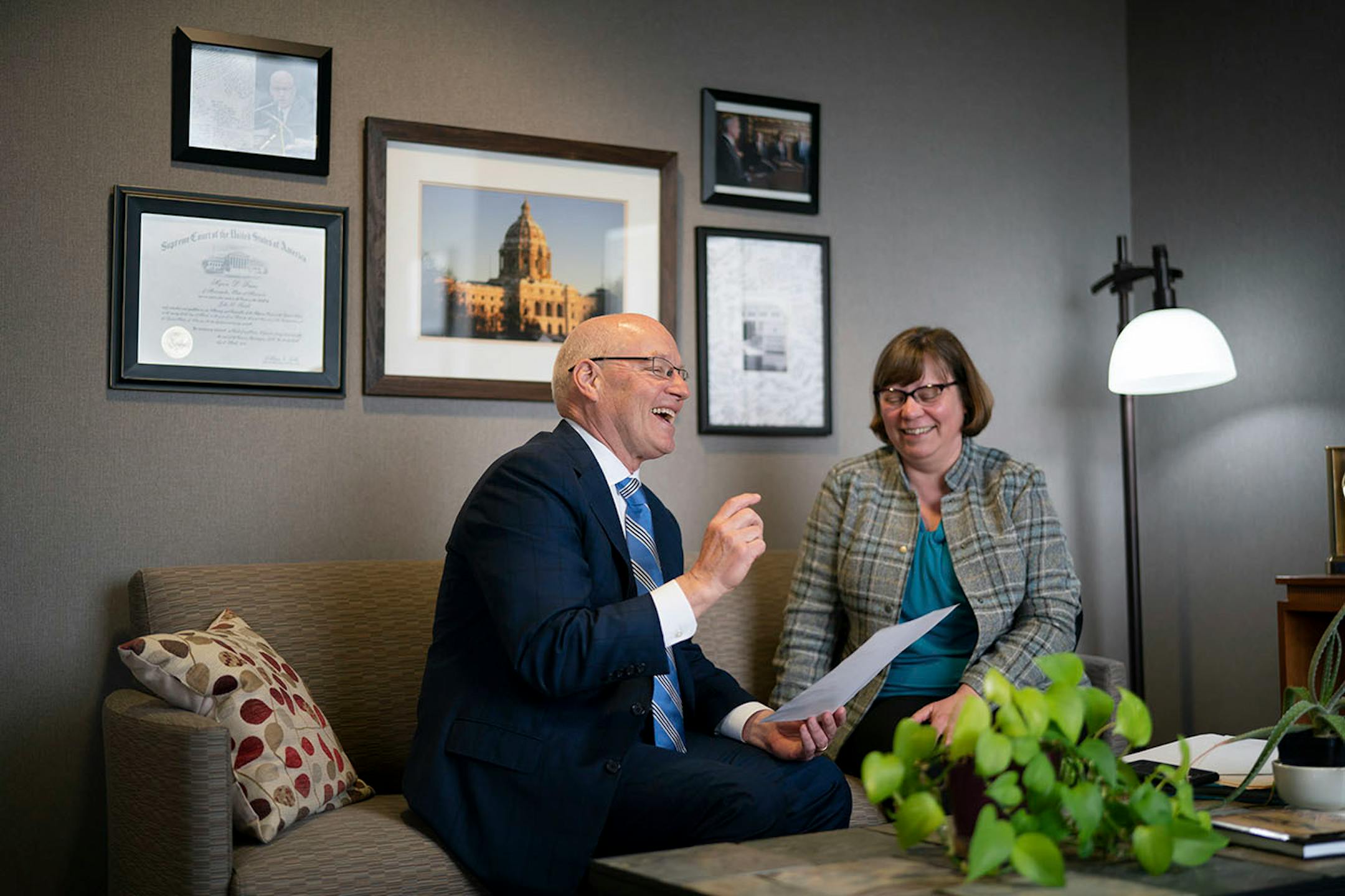 MMB Commissioner Myron Frans met with State Economist Laura Kalambokidis on the eve of releasing the monthly revenue update.