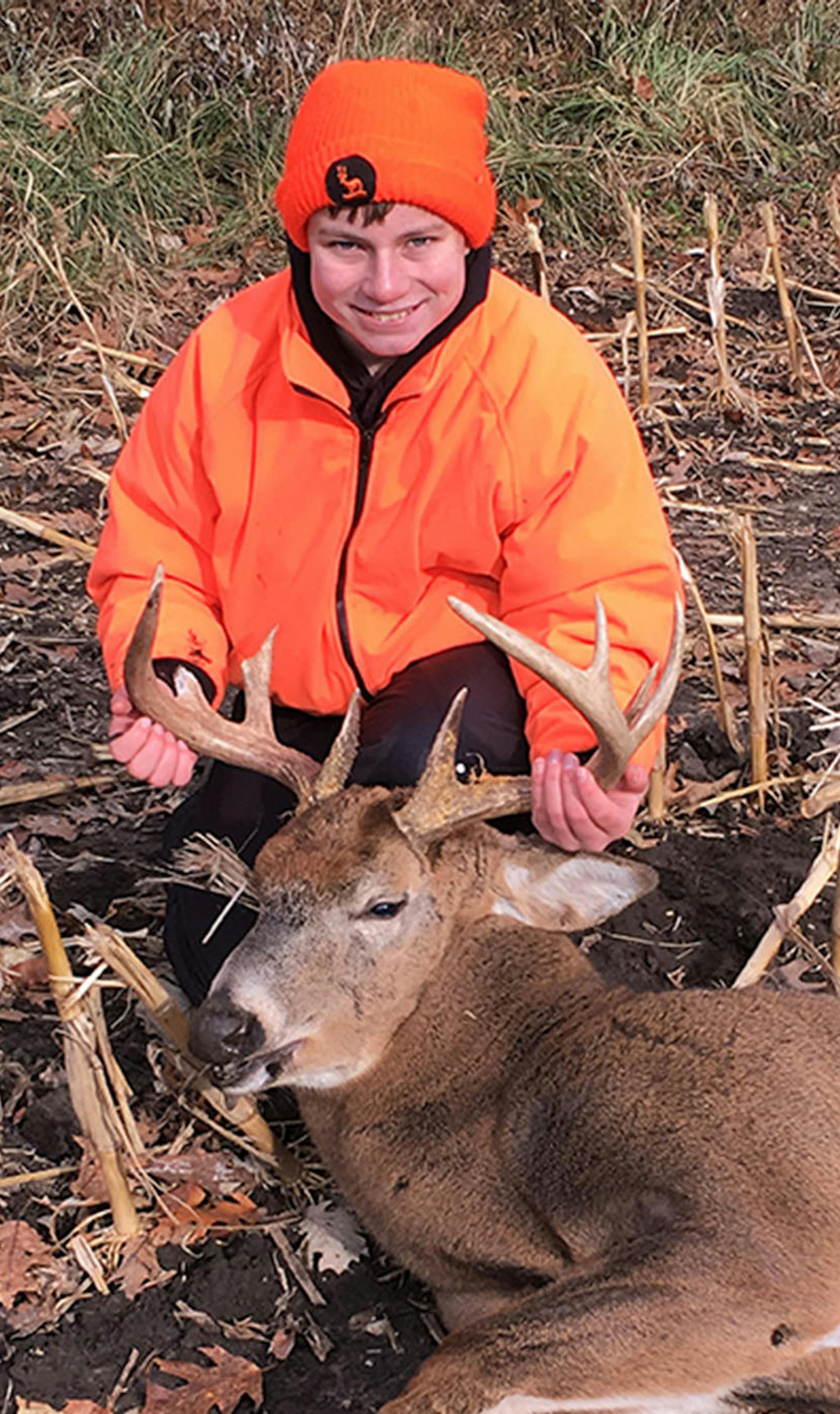 Breck Miller, 14, of Cottage Grove, watched this 10-pointer descend a hillside on family land near Plainview during the late afternoon of Nov. 16. When it reached bottom, the buck took steps in the direction of the boy's ground blind. Breck quickly raised his 20-guage shotgun and downed the deer -- his first ever -- with one shot from 70 yards away. His father, Chad, watched it all unfold from a nearby blind