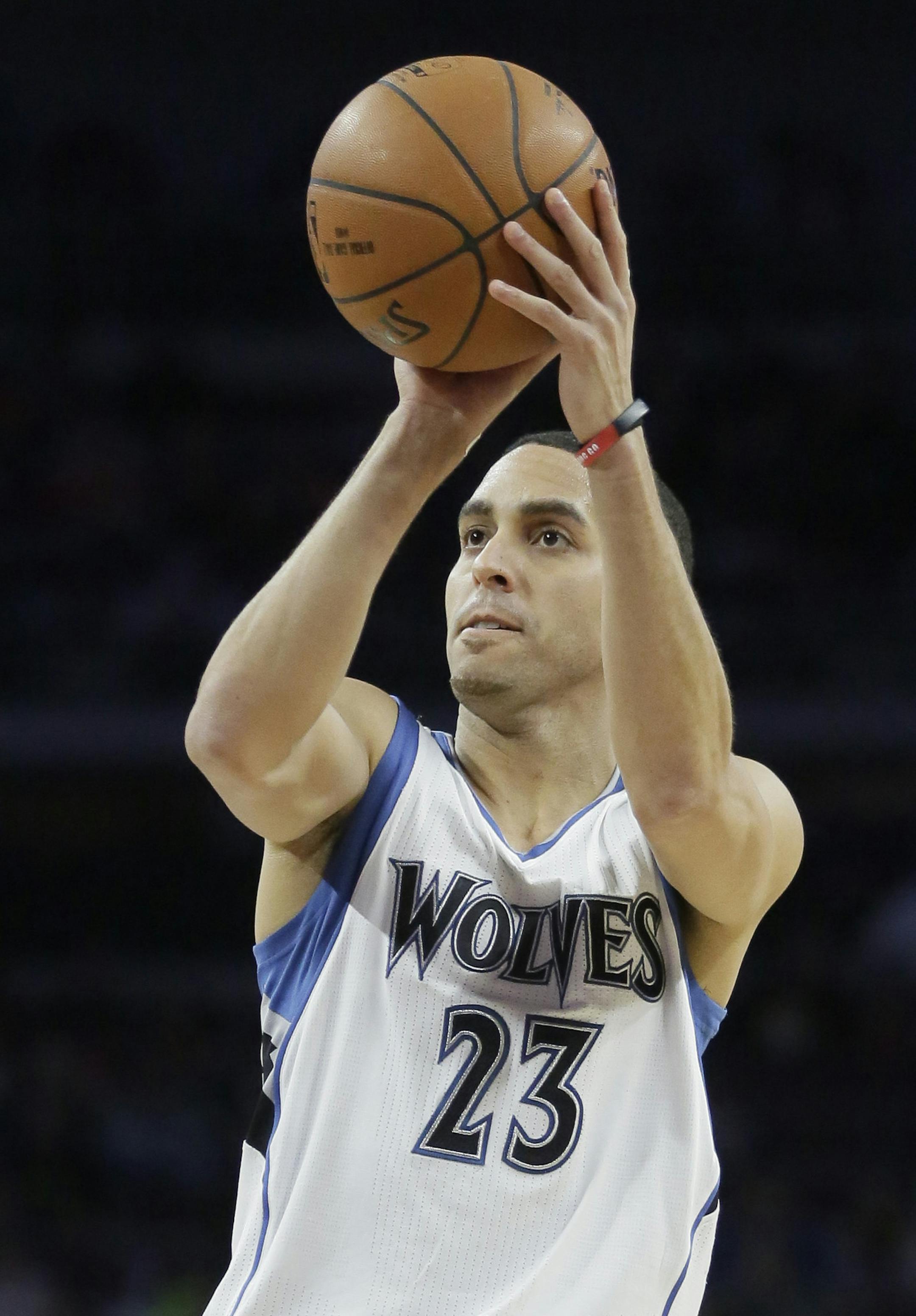 Minnesota Timberwolves' Kevin Martin (23) takes a shot against the Detroit Pistons during the first half of an NBA basketball game Sunday, Feb. 8, 2015, in Auburn Hills, Mich. (AP Photo/Duane Burleson) ORG XMIT: MIN2015021923241102