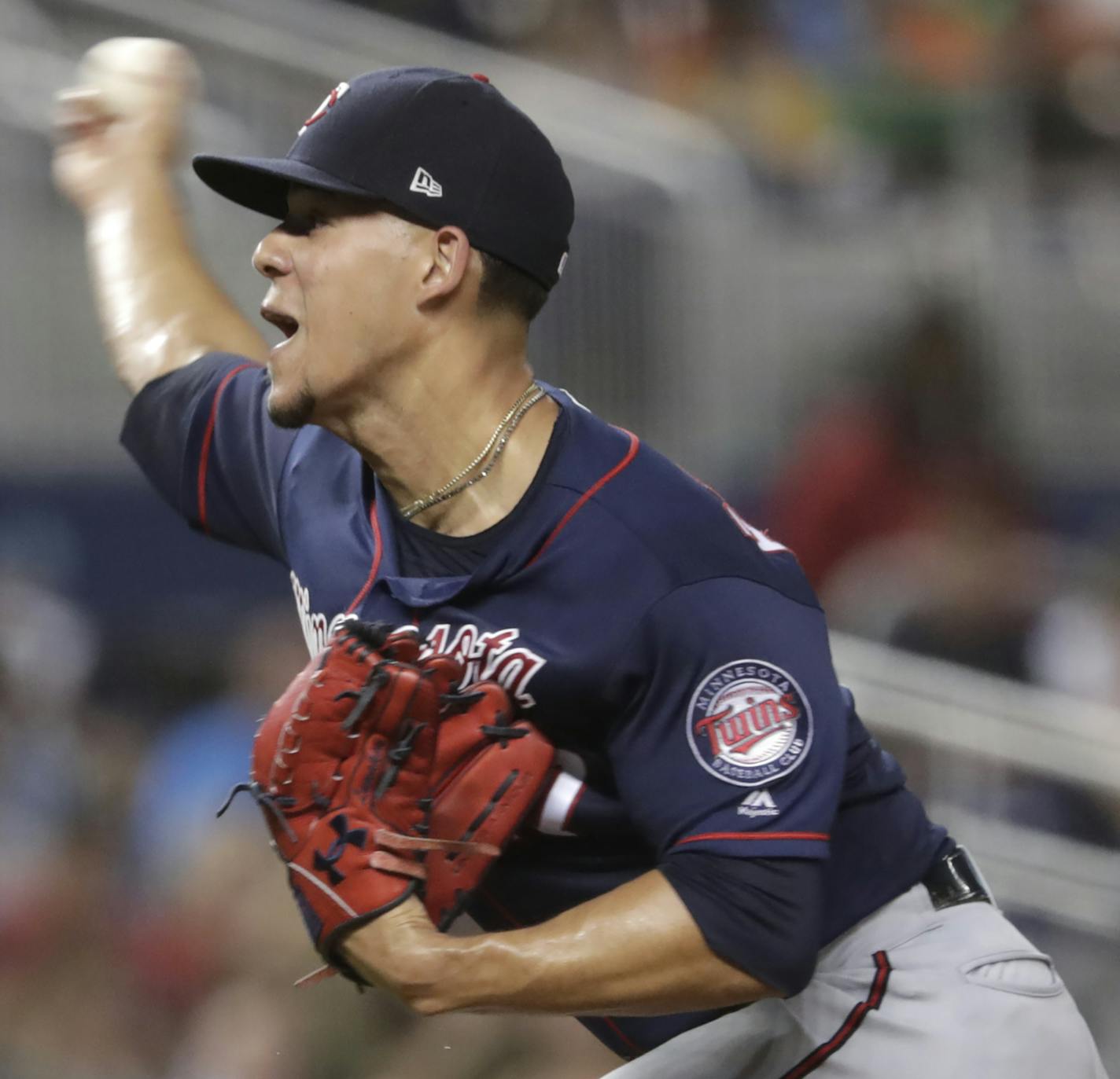 Minnesota Twins starting pitcher Jose Berrios throws during the fourth inning of a baseball game against the Miami Marlins, Wednesday, July 31, 2019, in Miami. (AP Photo/Lynne Sladky)