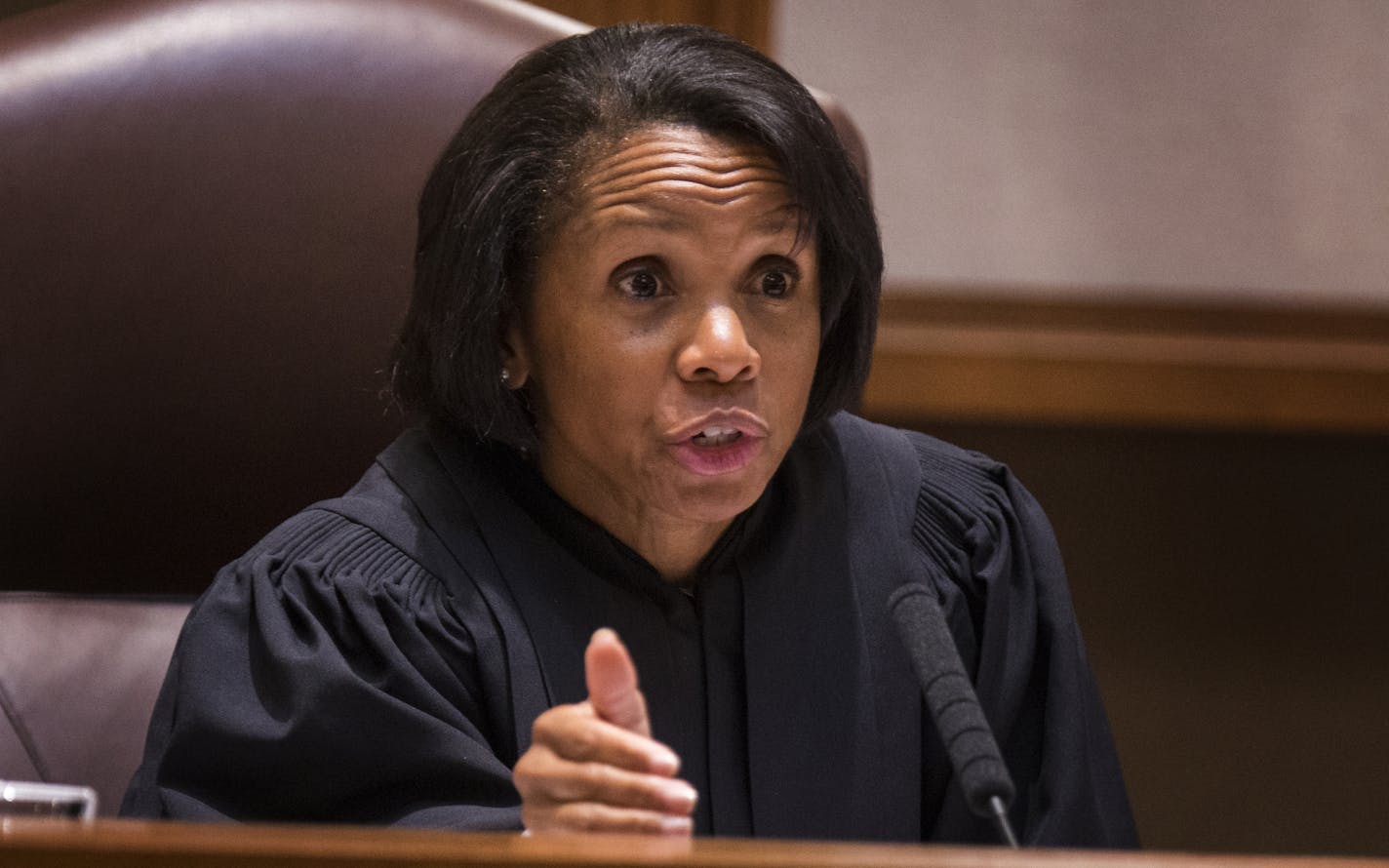 Associate Justice Wilhelmina Wright of the Minnesota Supreme Court speaks during an appeal hearing on the Byron Smith case at the Minnesota Judicial Branch building in St. Paul on Thursday, Sept. 3, 2015. Defense attorneys for Smith, who was convicted of killing two teenage intruders in his Little Falls home, filed an appeal with the Minnesota Supreme Court arguing that Smith's trial was riddled with mistakes from the original indictment, through the trial and right up to the prosecutor's closin