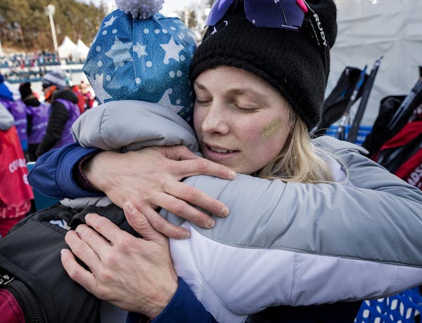 Jessie Diggins got a hug from her mother Deb at the end of the race. Jessie Diggins of Afton, MN finished fifth in the women's 10km Free at Alpensia C