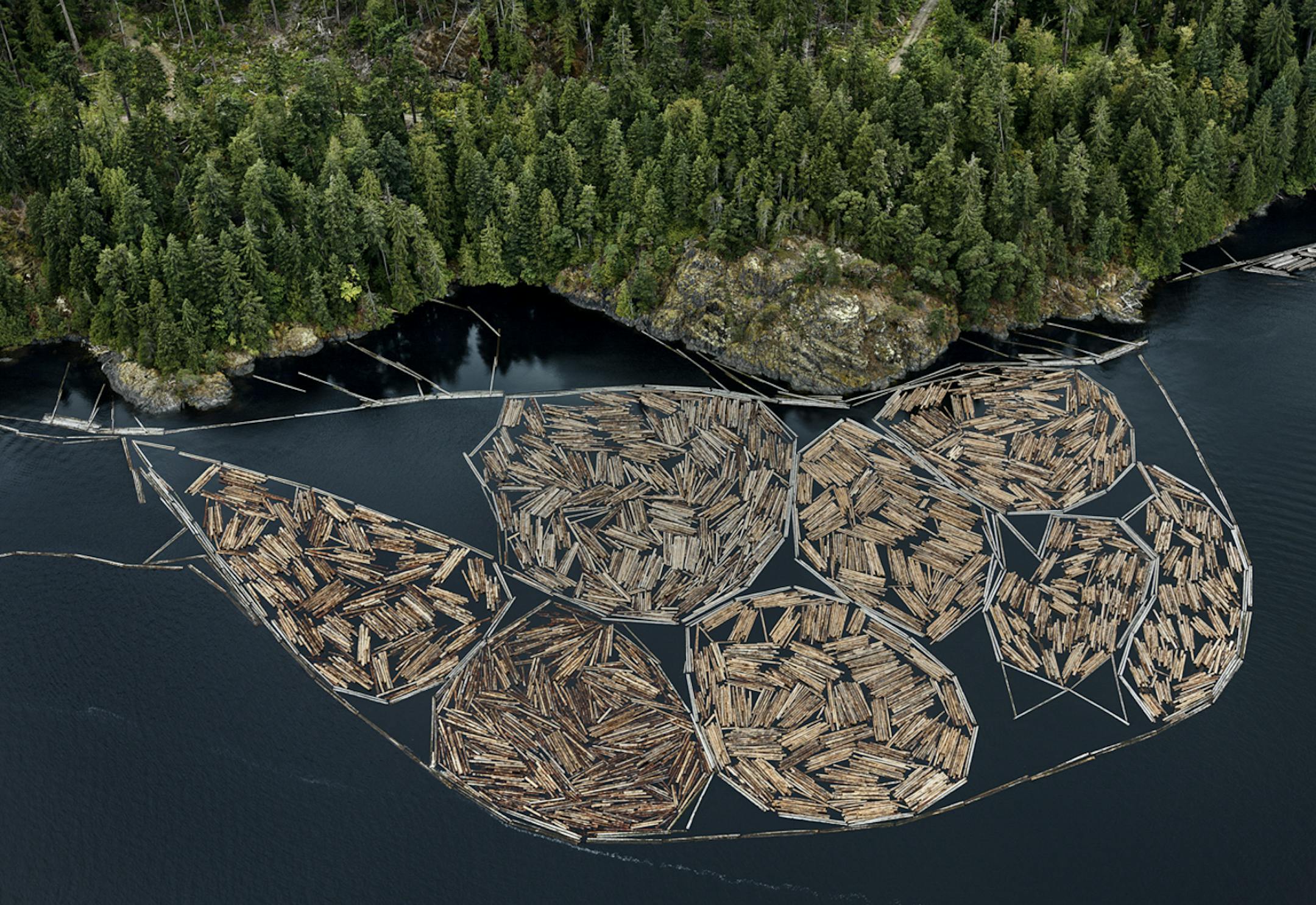 Edward Burtynsky's "Log Booms #1, Vancouver Island, British Columbia, Canada," 2016.