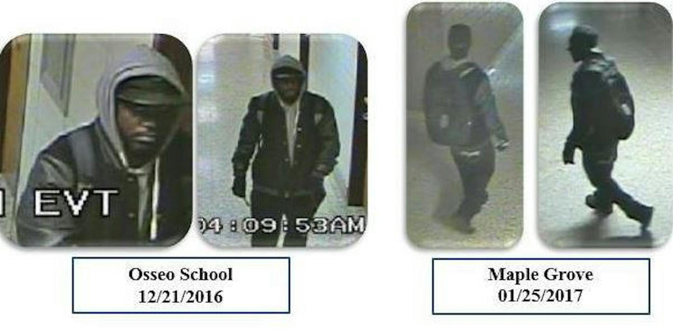 A burglary suspect is shown in surveillance photos taken in Osseo district schools that he broke into.