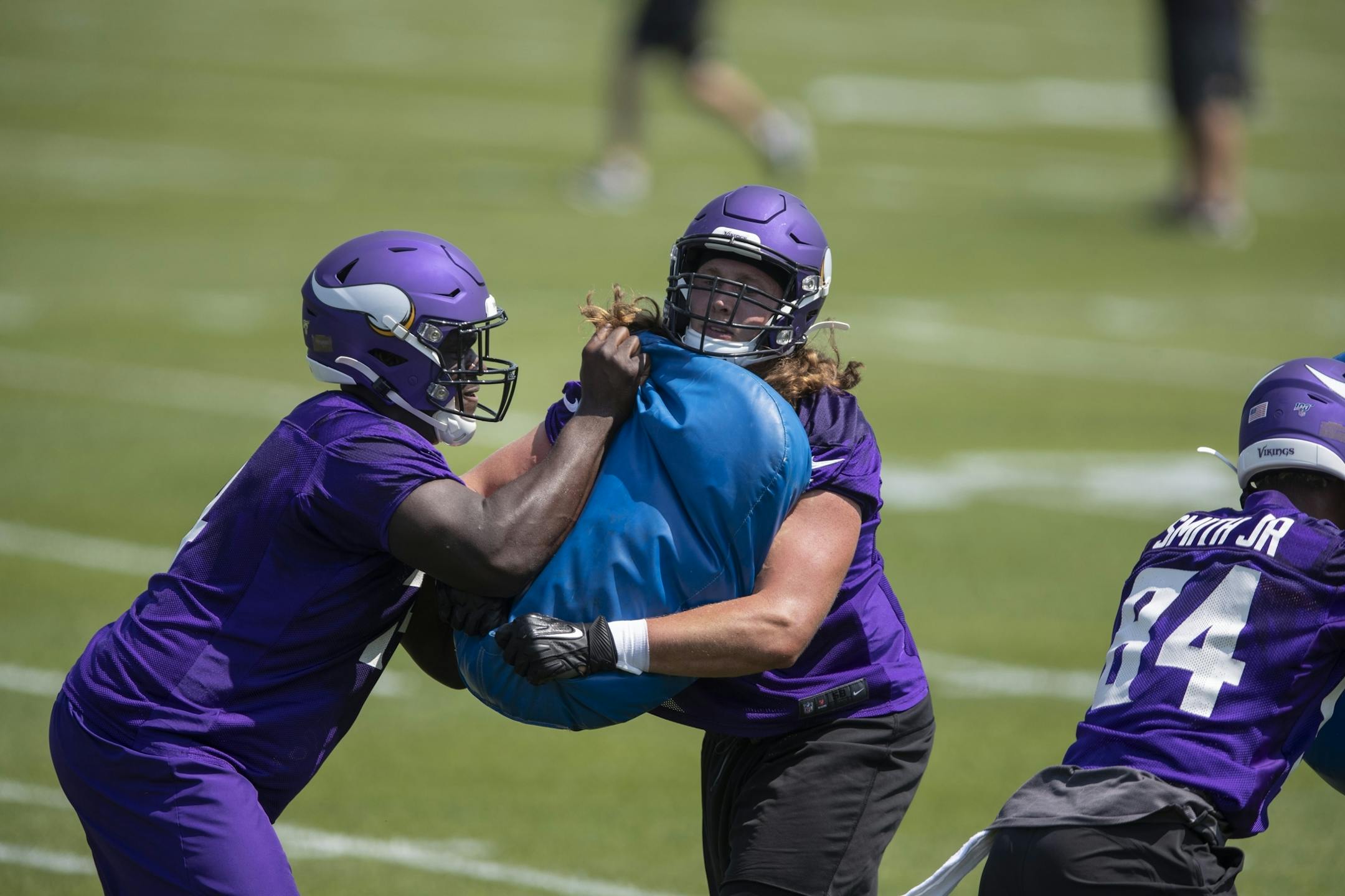 Olisaemeka Udoh left, and Strom Norton worked on drills during the first day of training for Vikings rookies at TCO Performance Center Tuesday July,23 2019 in Eagan, MN.