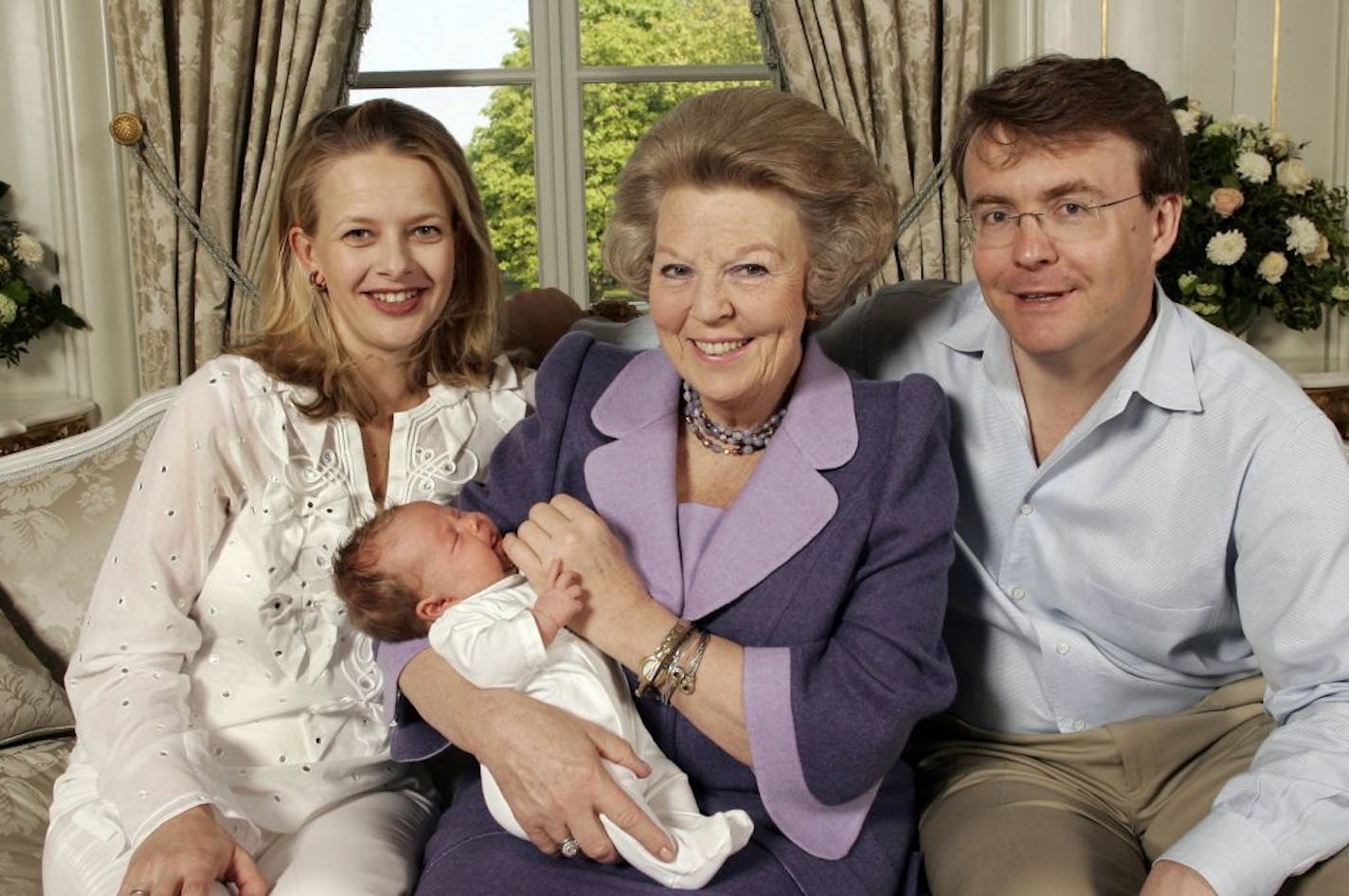 In this April 24, 2005 file photo Prince Friso, right, Princess Mabel, left, and Dutch Queen Beatrix, center, pose with newborn baby daughter Countess Luana at the palace Huis ten Bosch, in The Hague, Netherlands. Dutch Prime Minister Mark Rutte and the Austria Press Agency say Friday, Feb. 17, 2012 Queen Beatrix's second son Friso of the Dutch royal family has been hit by an avalanche in Austria. Austrian news agency APA reported Friday Prince Friso was buried under snow for 15 minutes before h