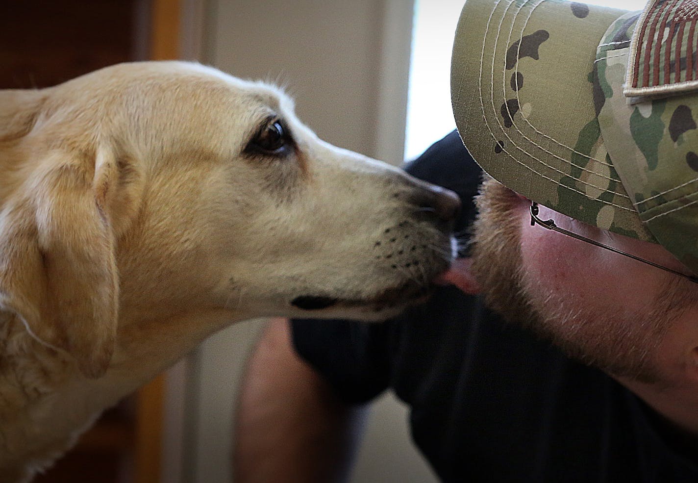 Kristian Gaasland interacted with a dog named Ruby at BELIEVEVET in Northfield. Gaasland served as a Sargent in the U.S. Army, and was deployed in Iraq in 2004-2005. Gaasland, who suffers from PTSD, is working with a service dog named Claire, who he hopes to take home once training is completed.] JIM GEHRZ &#xef; james.gehrz@startribune.com / Northfield, MN / August 19, 2015 / 10:00 AM &#xf1; BACKGROUND INFORMATION: Sam Daly had a successful and lucrative career training hunting dogs at his Nort