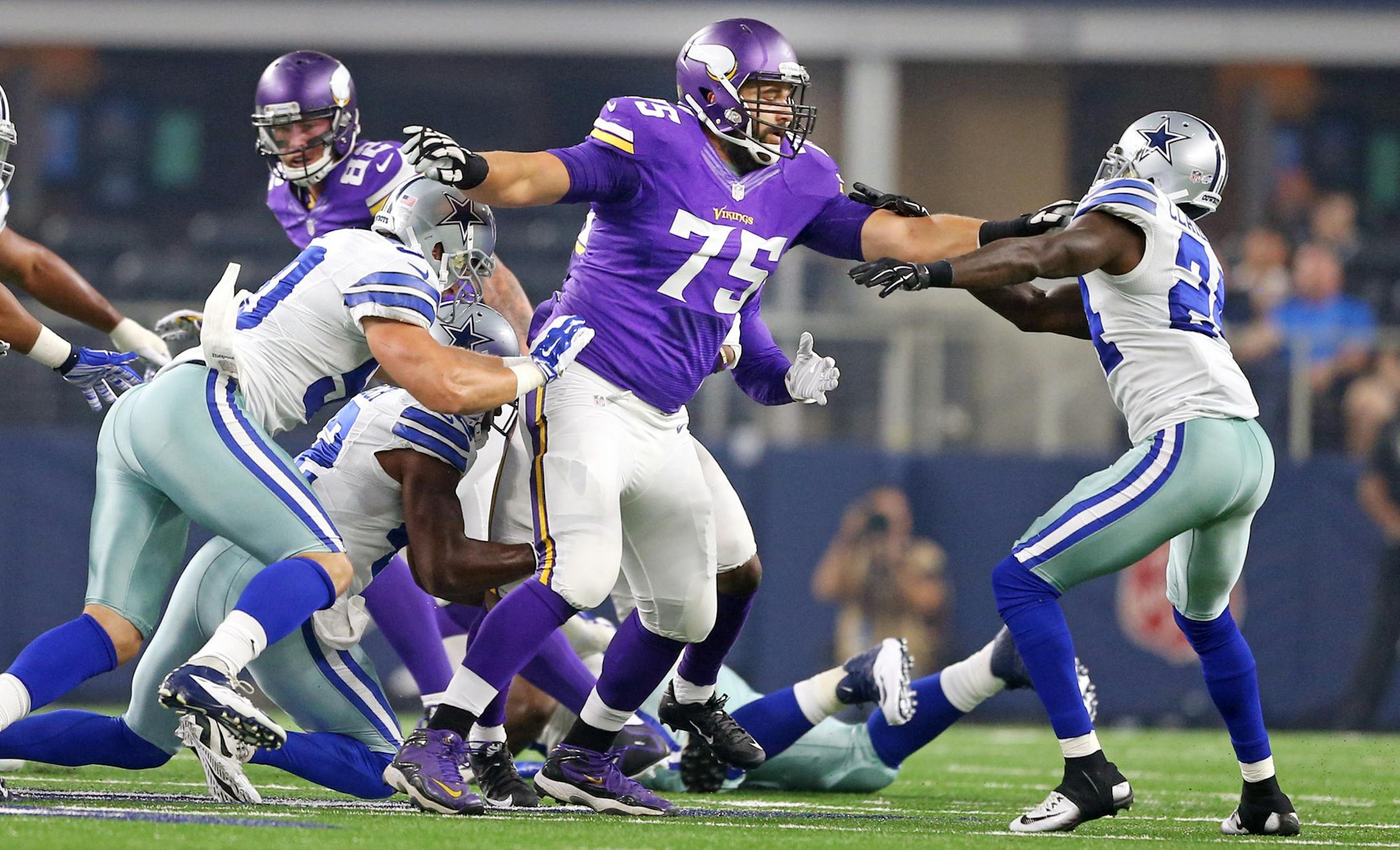Minnesota Vikings tackle Matt Kalil (75) during the first half of action at Dallas. The Dallas Cowboys played the Minnesota Vikings at AT&T Stadium Saturday August 29 2015 in Arlington, TX. ] Jerry Holt/ Jerry.Holt@Startribune.com ORG XMIT: MIN1508311409010686