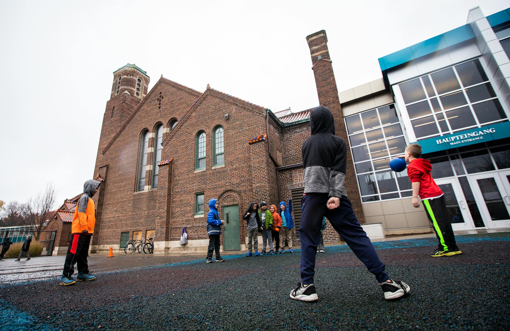 A recess at the Twin Cities German Immersion School in St. Paul in November 2018. The school wants to tear down the building, the former St. Andrew's Catholic Church, to erect a modern school building to accommodate a growing student population, but others want to designate the church as an historic site.
