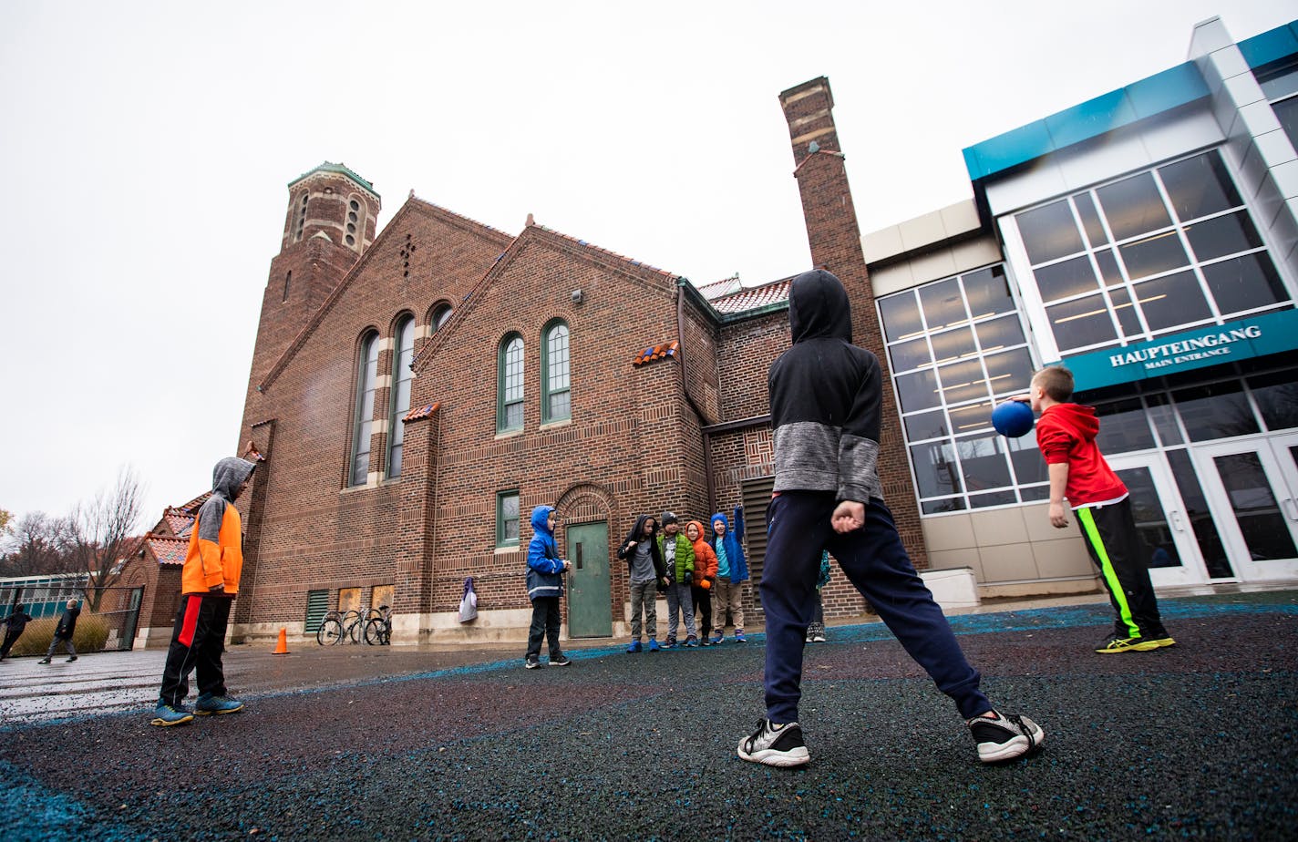 A recess at the Twin Cities German Immersion School in St. Paul in November 2018. The school wants to tear down the building, the former St. Andrew's Catholic Church, to erect a modern school building to accommodate a growing student population, but others want to designate the church as an historic site.